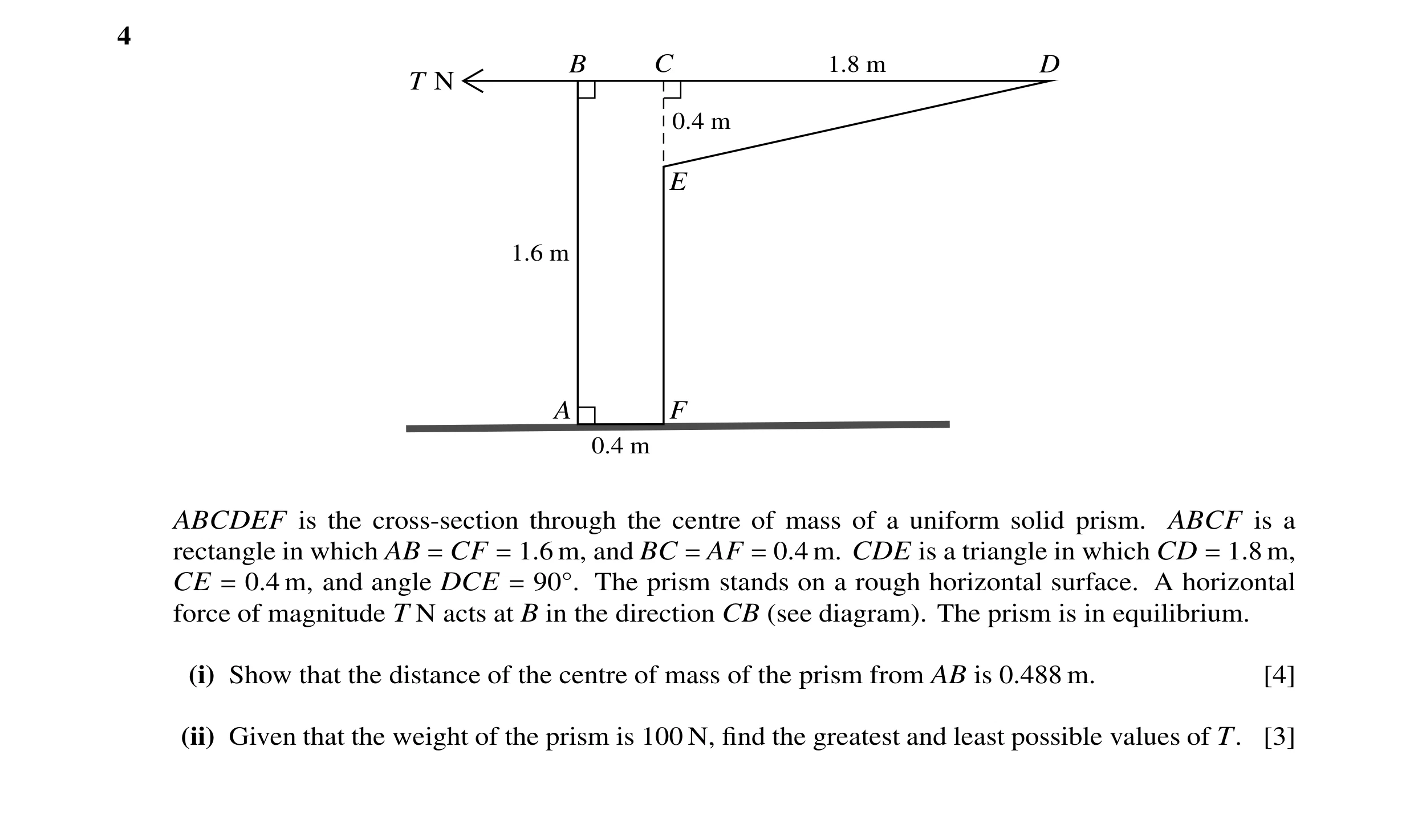 Question 107: B C 1.8 m D T N 0.4 m E 1.6 m A F 0.4 m ABCDEF is the cross-section through the centre of mass of a uniform solid prism. ABCF is a rectangl…