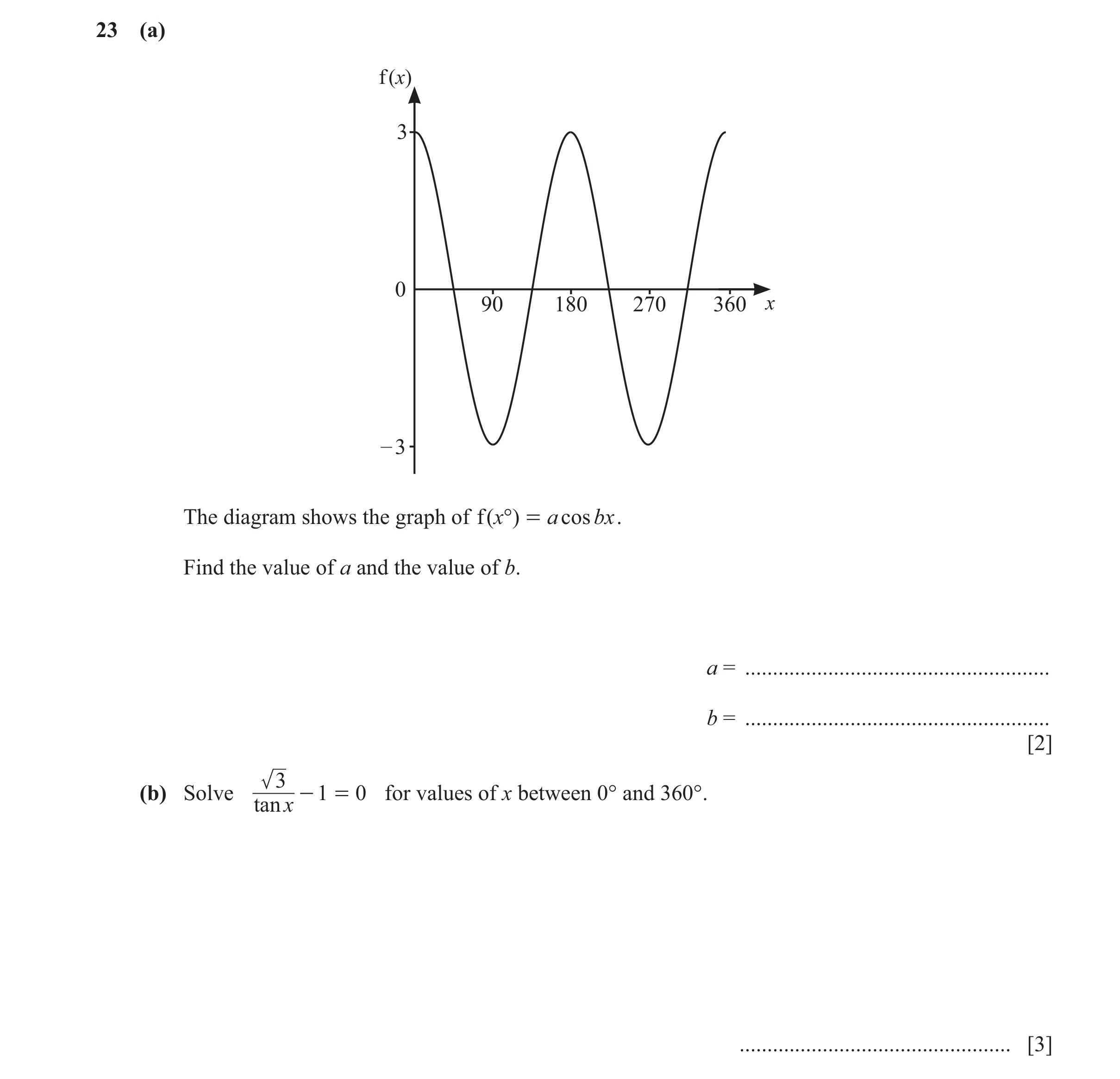 Question 12: (a) f (x) 3 0 90 180 270 360 x – 3 The diagram shows the graph of f ( x°) = a cos bx . Find the value of a and the value of b. a = ........…