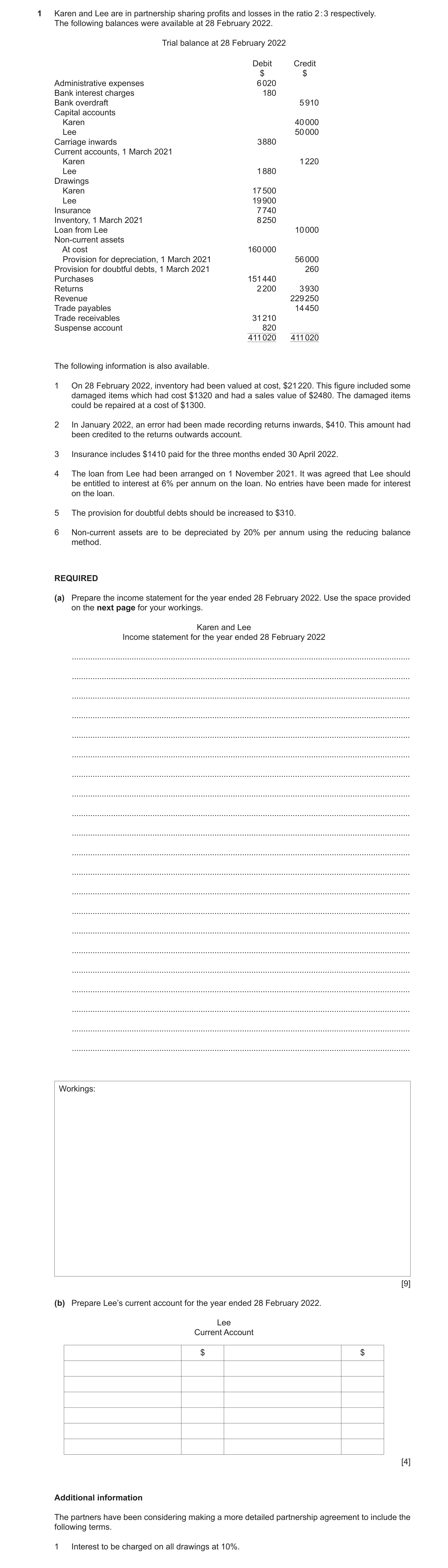 Question 59: Karen and Lee are in partnership sharing profits and losses in the ratio 2 : 3 respectively. The following balances were available at 28 Fe…