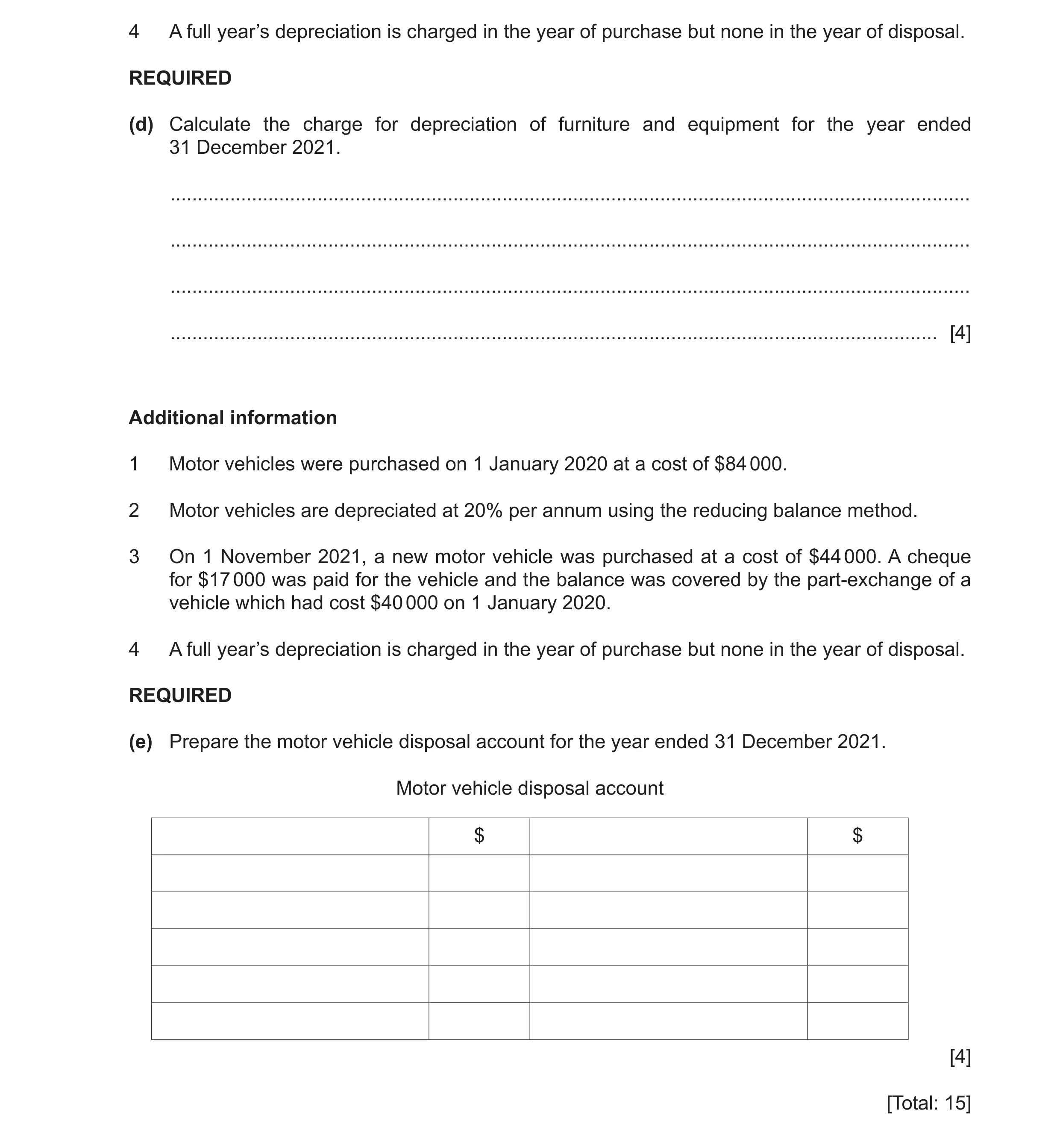 Question 28: A full year’s depreciation is charged in the year of purchase but none in the year of disposal. REQUIRED (d) Calculate the charge for depre…