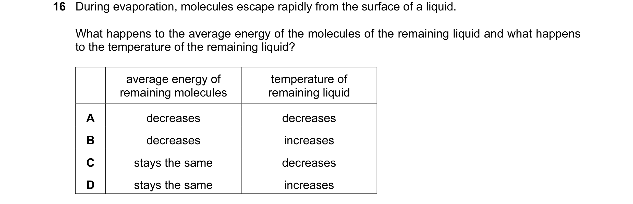 Question 79: During evaporation, molecules escape rapidly from the surface of a liquid. What happens to the average energy of the molecules of the remai…
