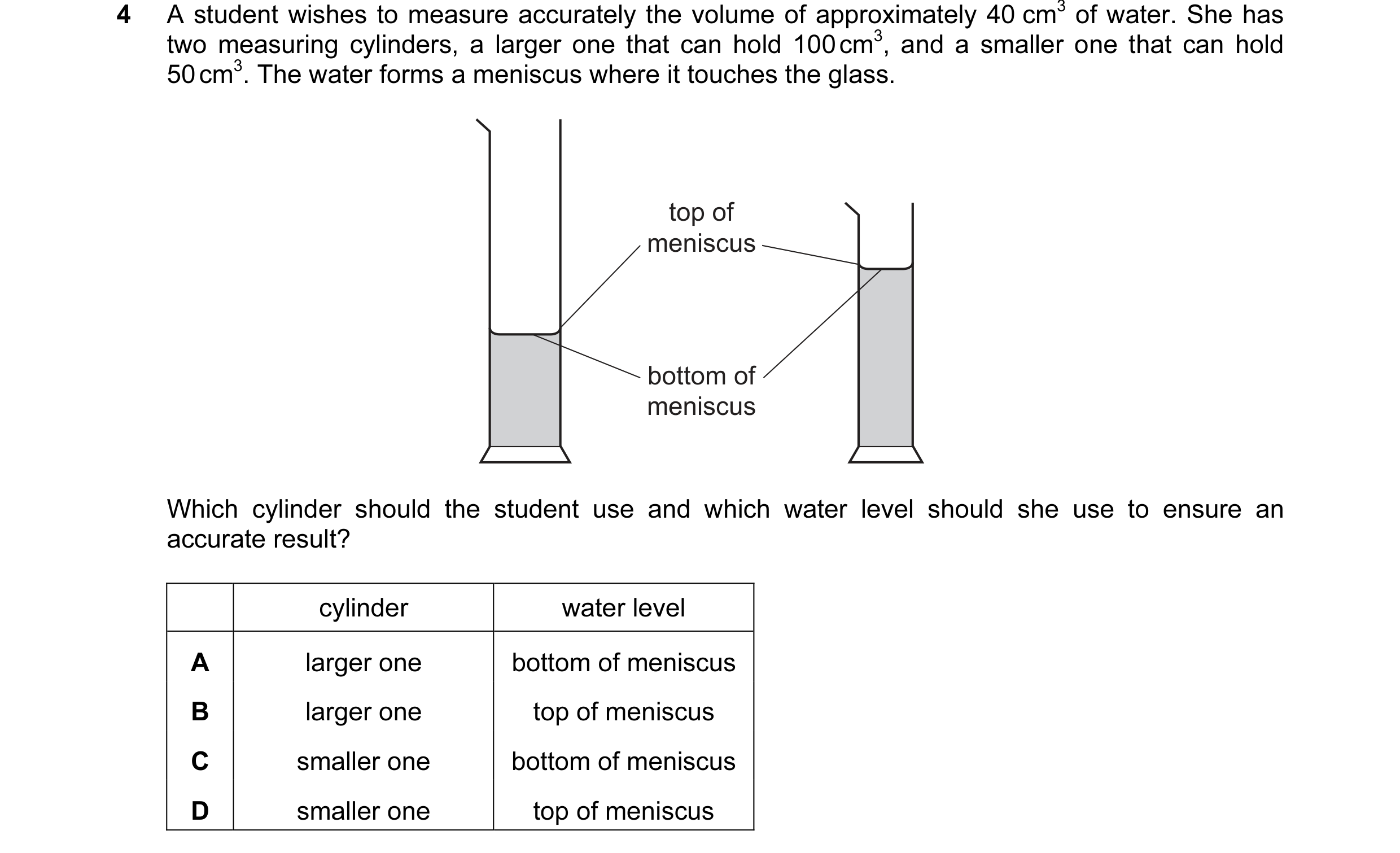 Question 69: A student wishes to measure accurately the volume of approximately 40 cm3 of water. She has two measuring cylinders, a larger one that can …
