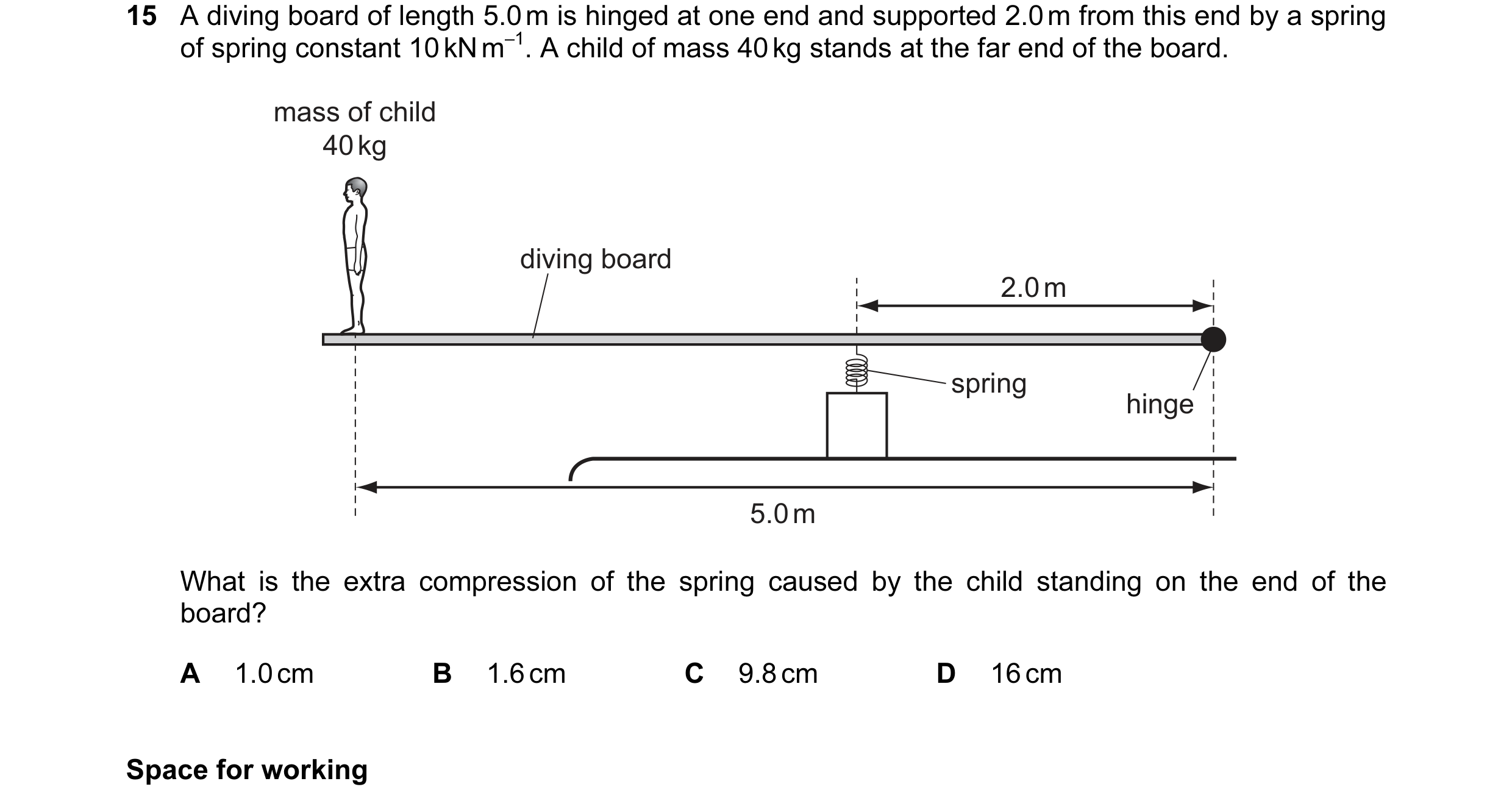 Question 50: A diving board of length 5.0 m is hinged at one end and supported 2.0 m from this end by a spring of spring constant 10 kN m–1. A child of …
