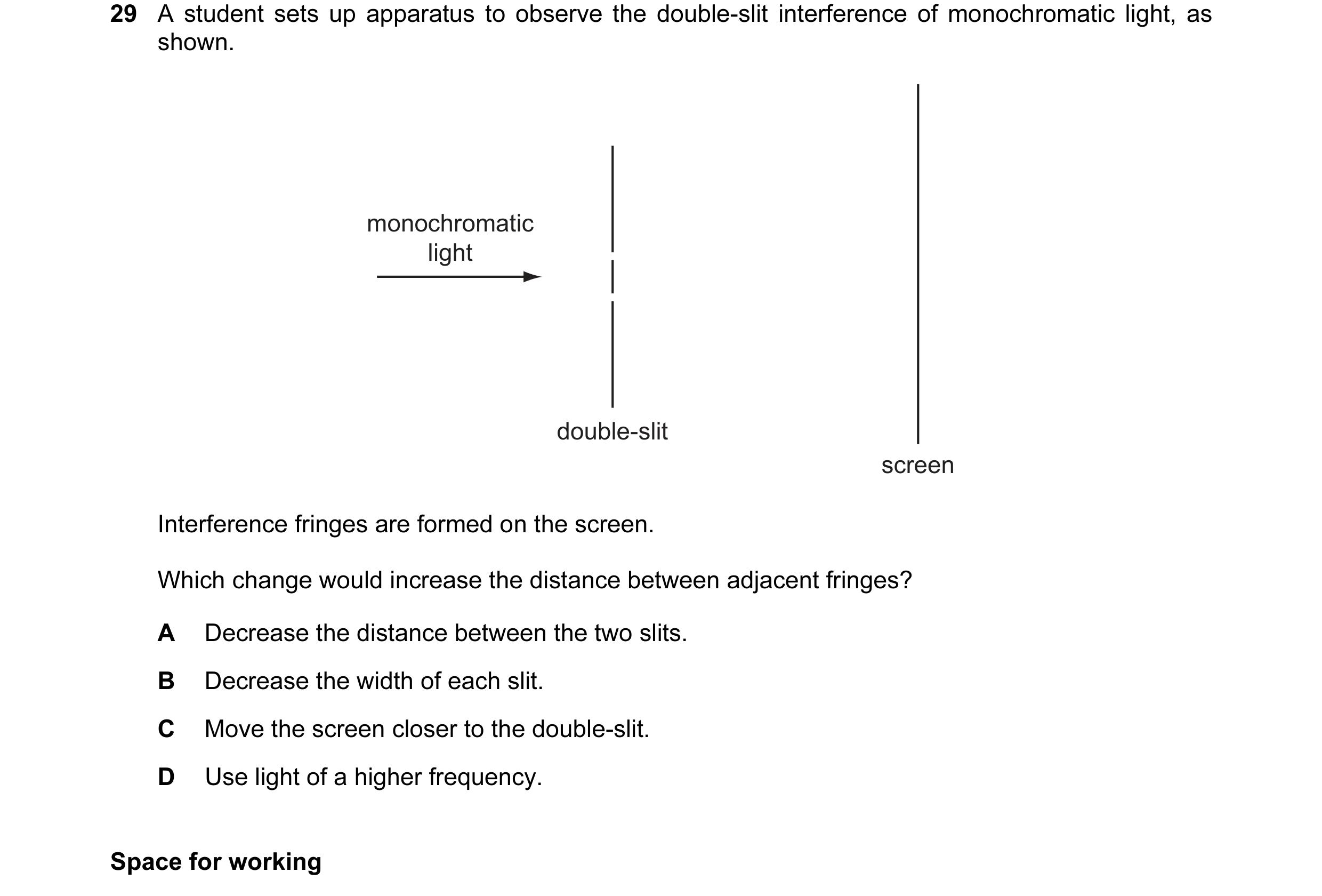 Question 26: A student sets up apparatus to observe the double-slit interference of monochromatic light, as shown. monochromatic light double-slit scree…