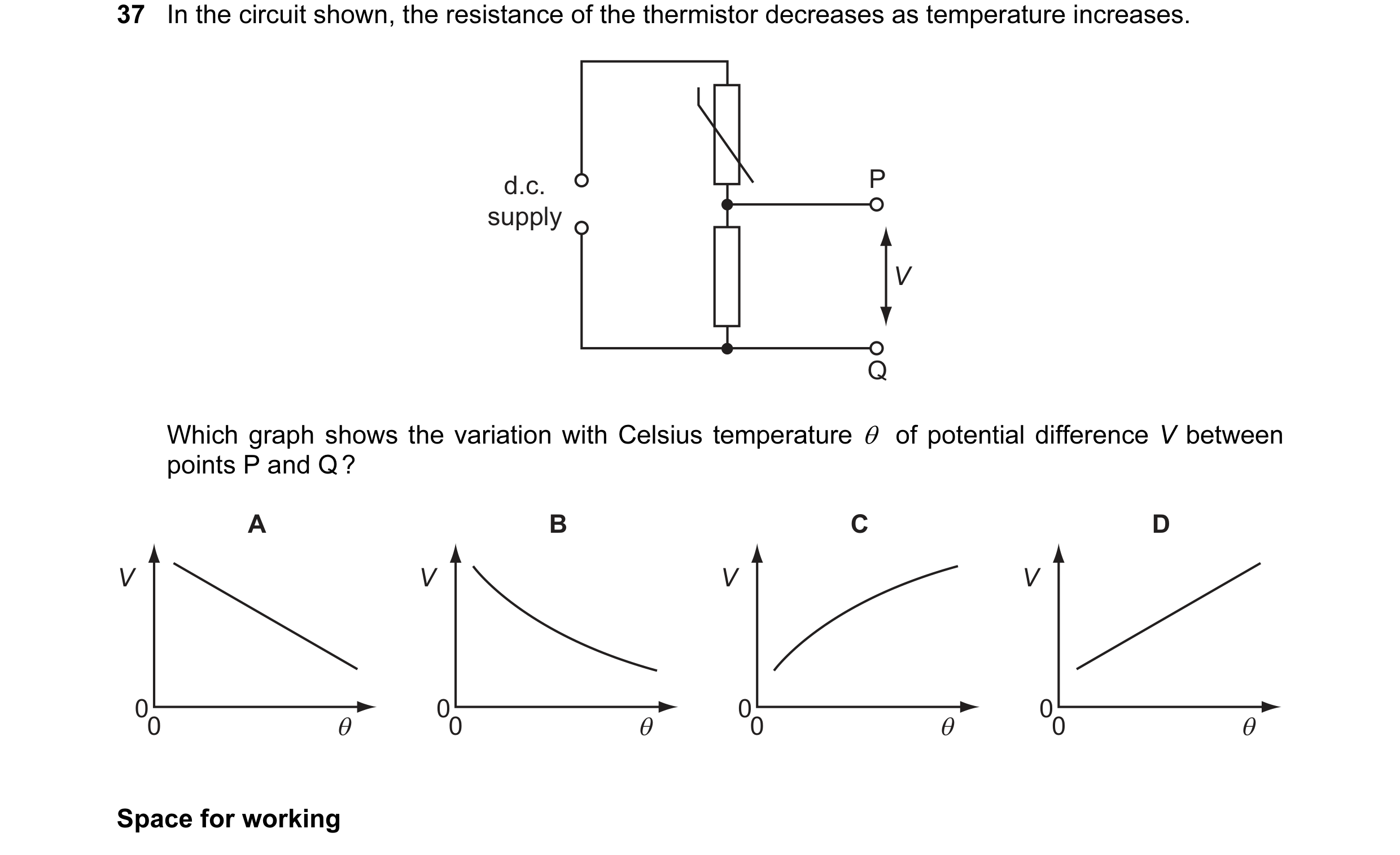 Question 39: In the circuit shown, the resistance of the thermistor decreases as temperature increases. d.c. P supply V Q Which graph shows the variatio…