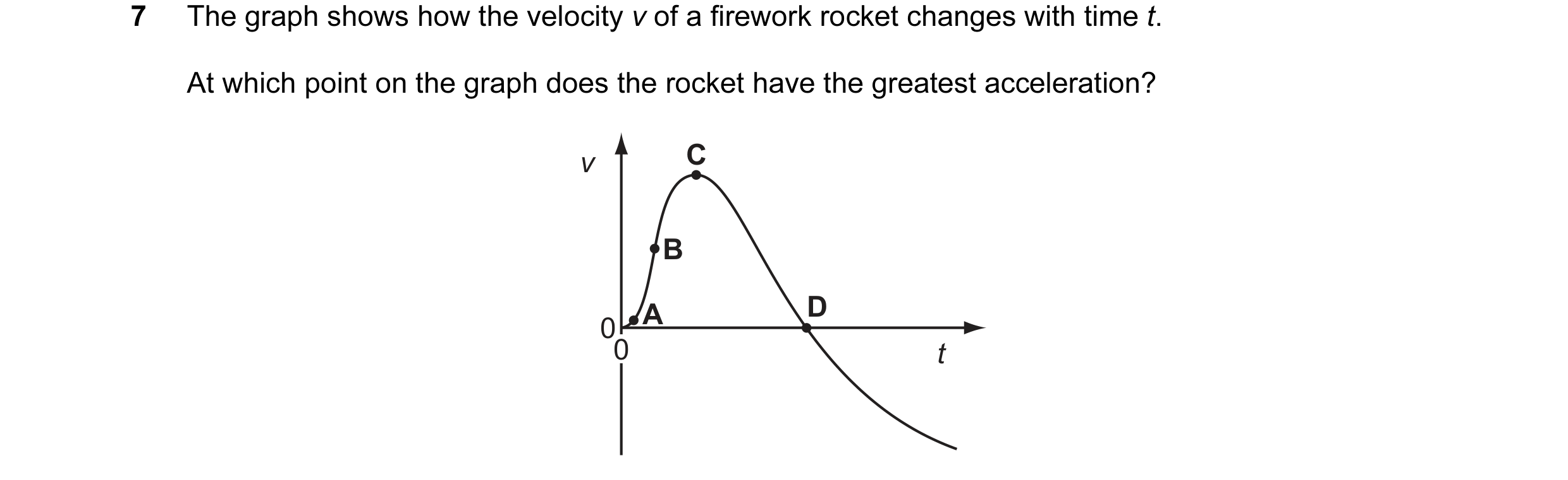 Question 6: The graph shows how the velocity v of a firework rocket changes with time t. At which point on the graph does the rocket have the greatest …