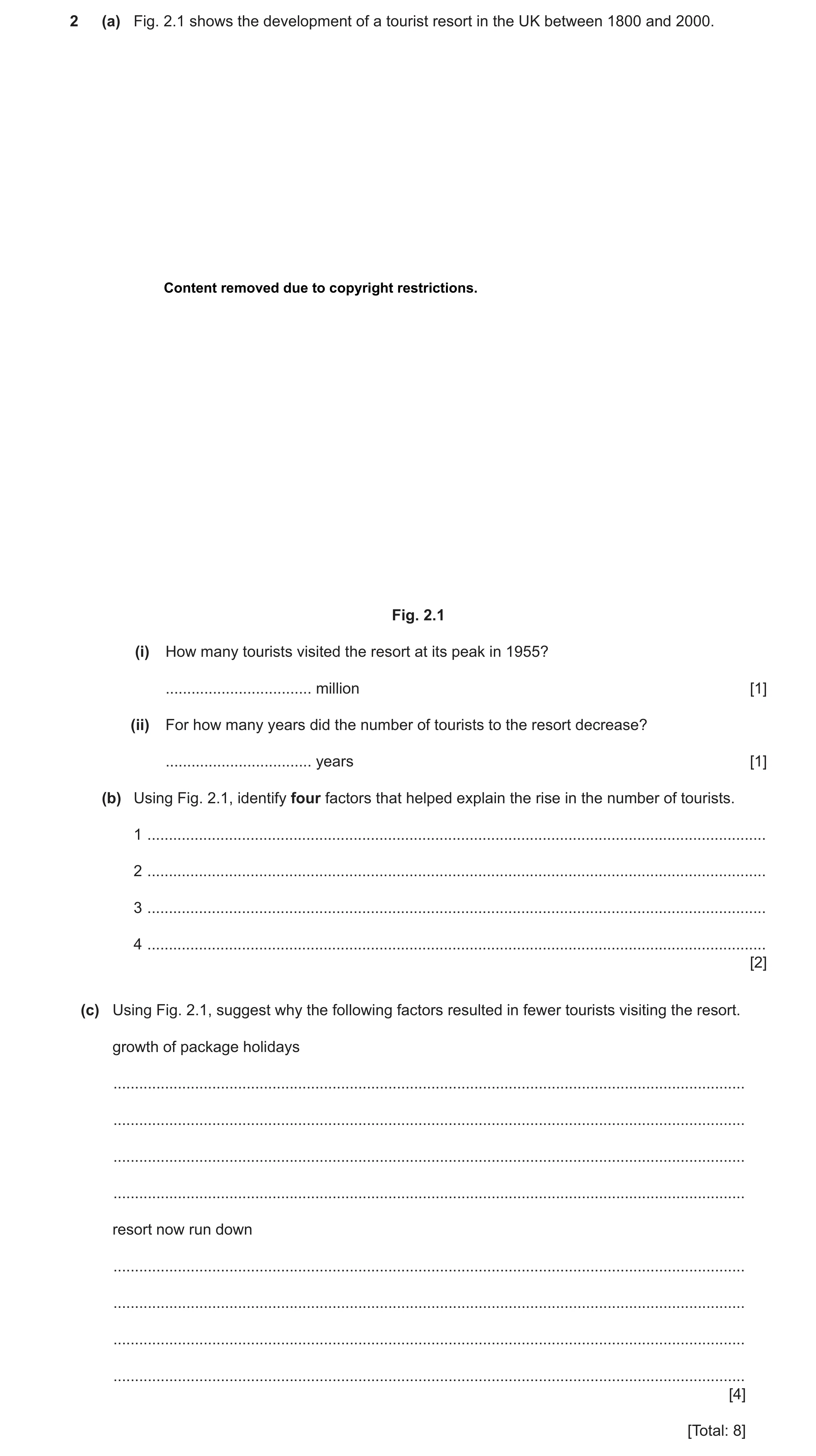 Question 22: (a) Fig. 2.1 shows the development of a tourist resort in the UK between 1800 and 2000. Content removed due to copyright restrictions. Fig.…