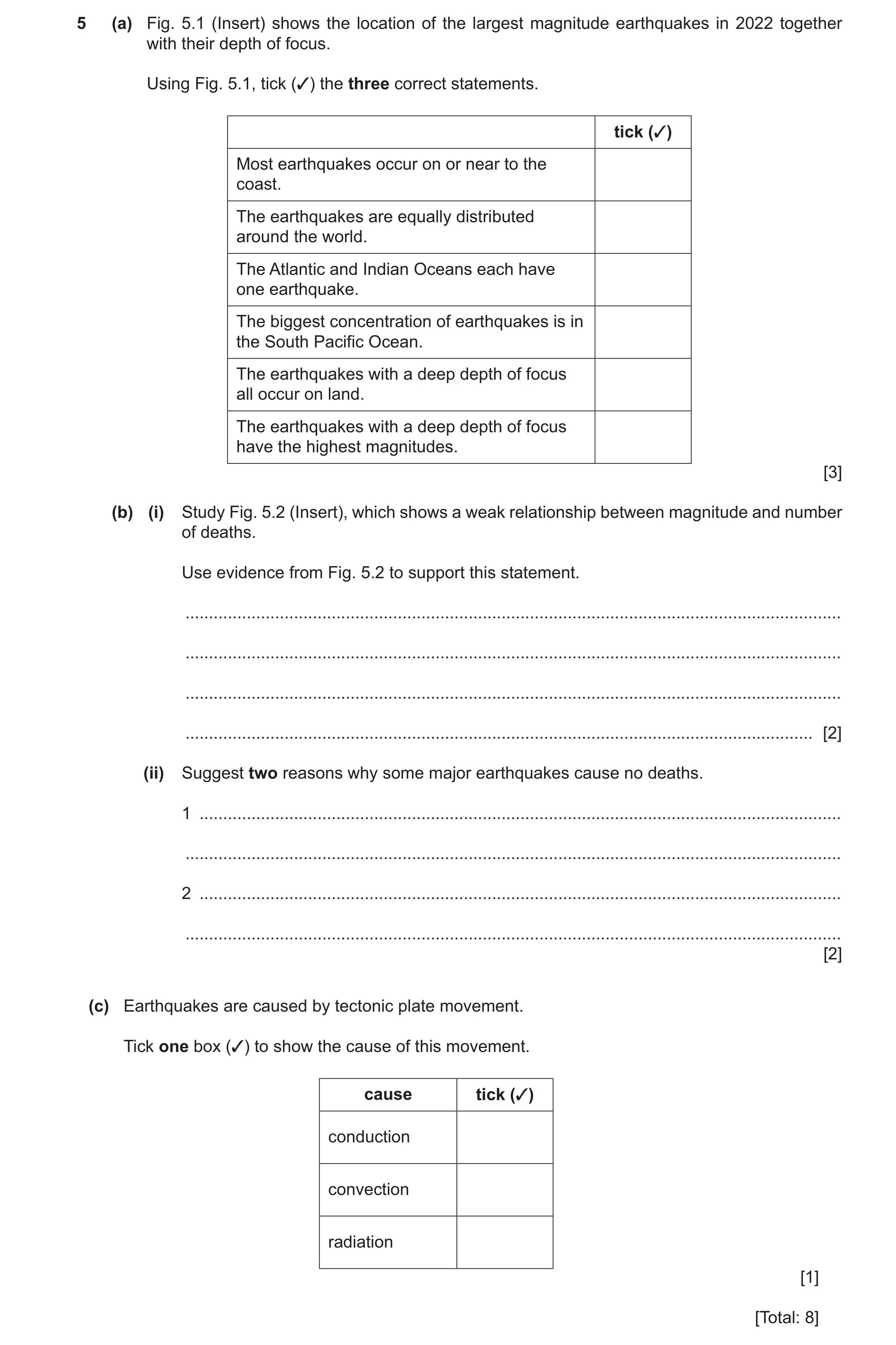 Question 28: (a) Fig. 5.1 (Insert) shows the location of the largest magnitude earthquakes in 2022 together with their depth of focus. Using Fig. 5.1, t…