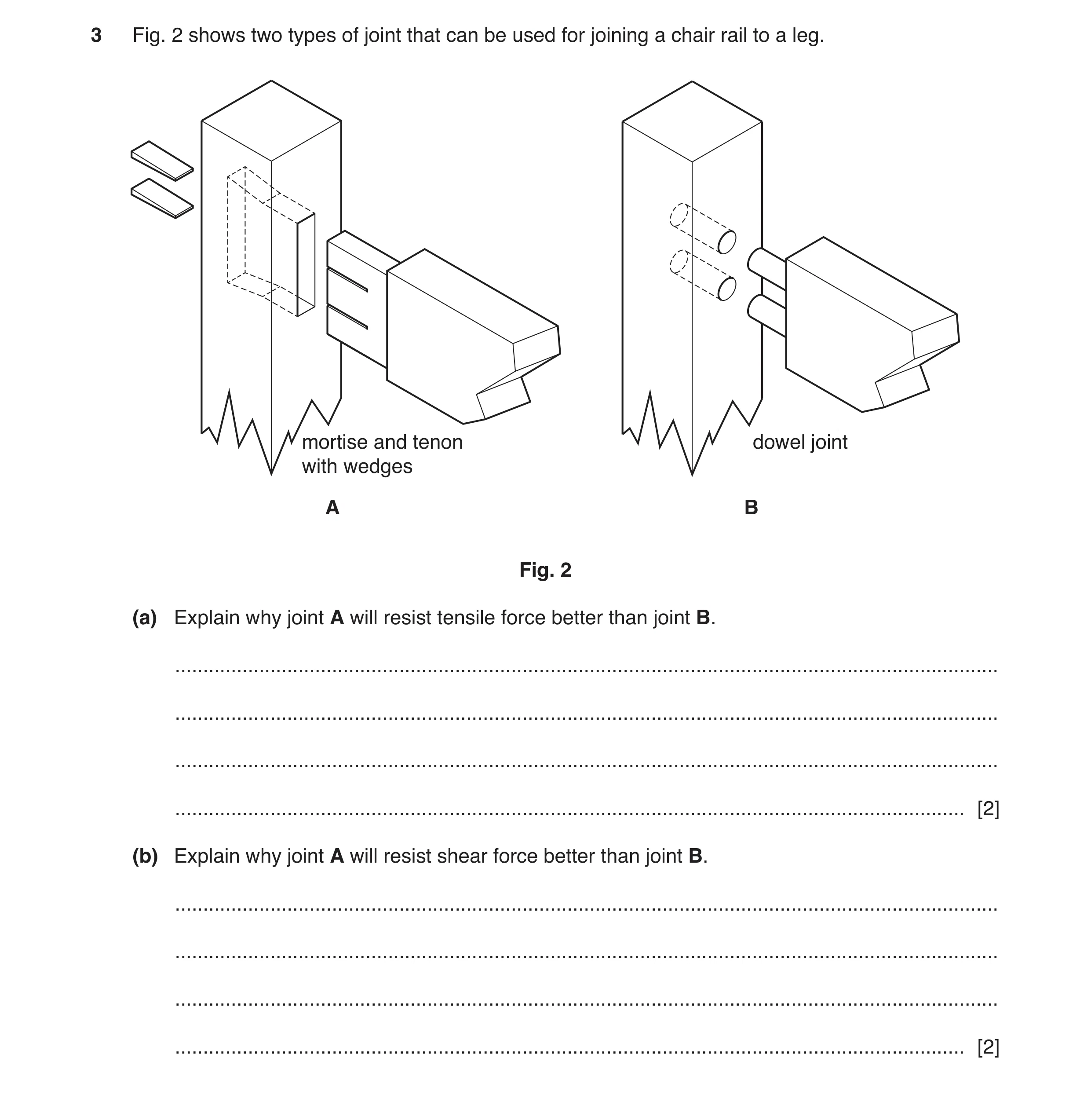 Question 46: Fig. 2 shows two types of joint that can be used for joining a chair rail to a leg. mortise and tenon dowel joint with wedges A B Fig. 2 (a…