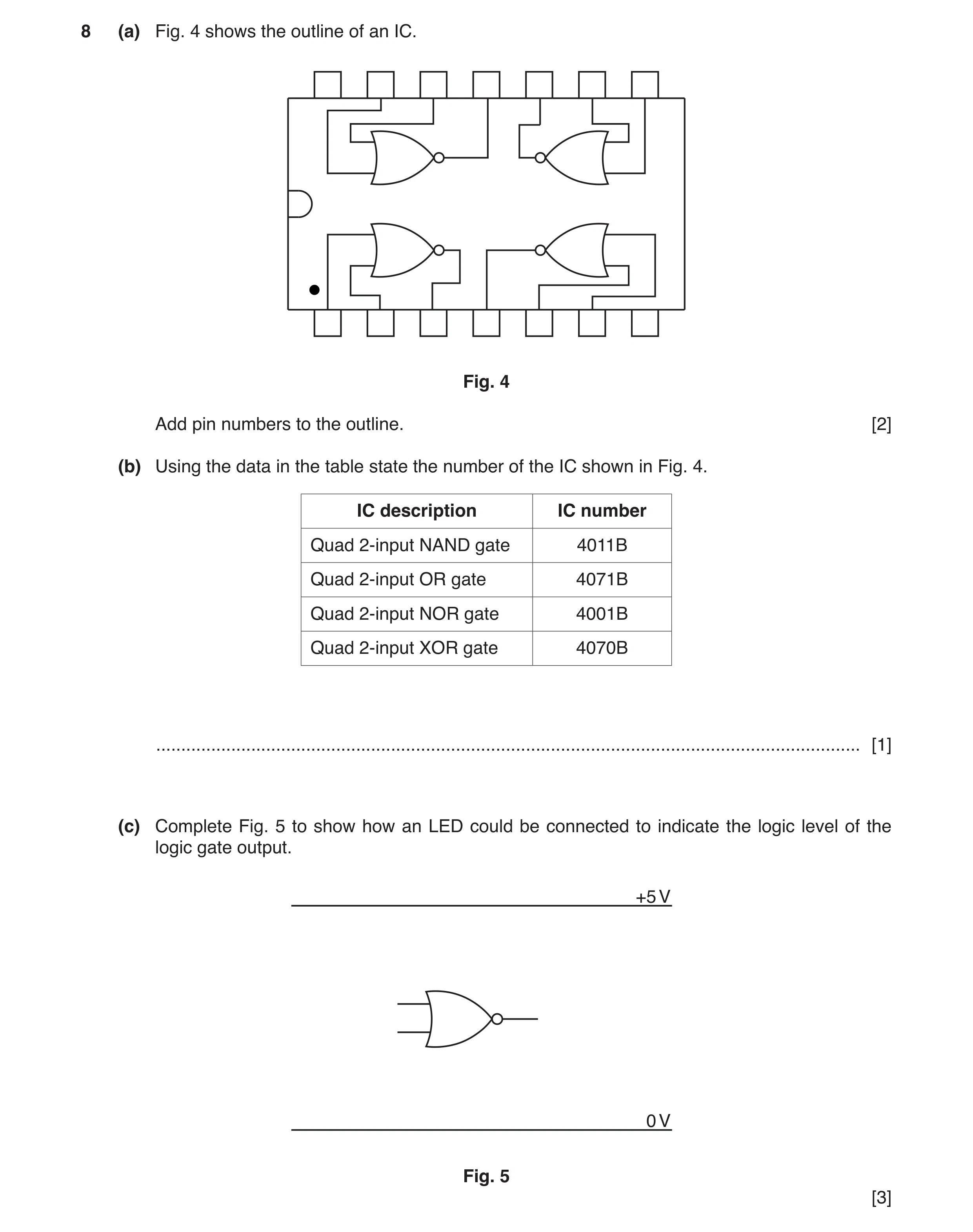 Question 51: (a) Fig. 4 shows the outline of an IC. Fig. 4 Add pin numbers to the outline. [2] (b) Using the data in the table state the number of the I…