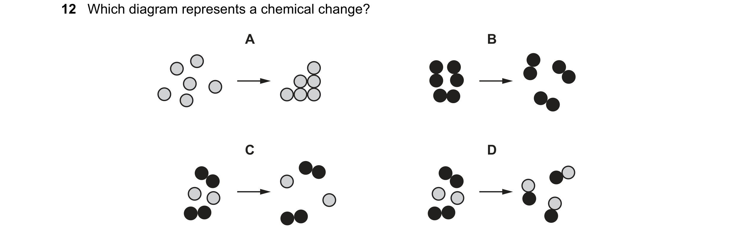Question 4: Which diagram represents a chemical change? A B C D