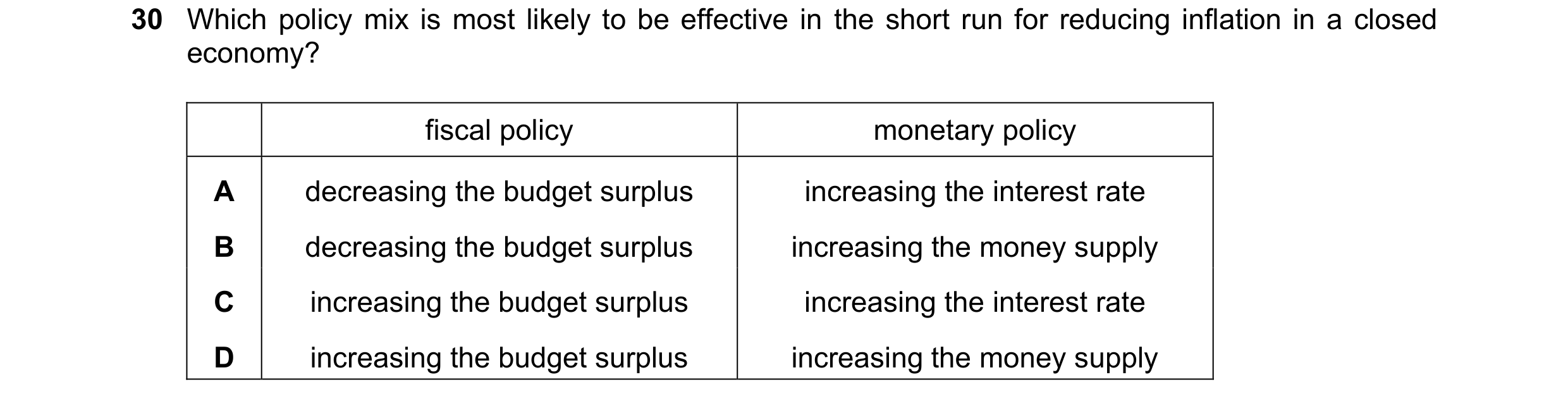 Question 39: Which policy mix is most likely to be effective in the short run for reducing inflation in a closed economy? fiscal policy monetary policy …