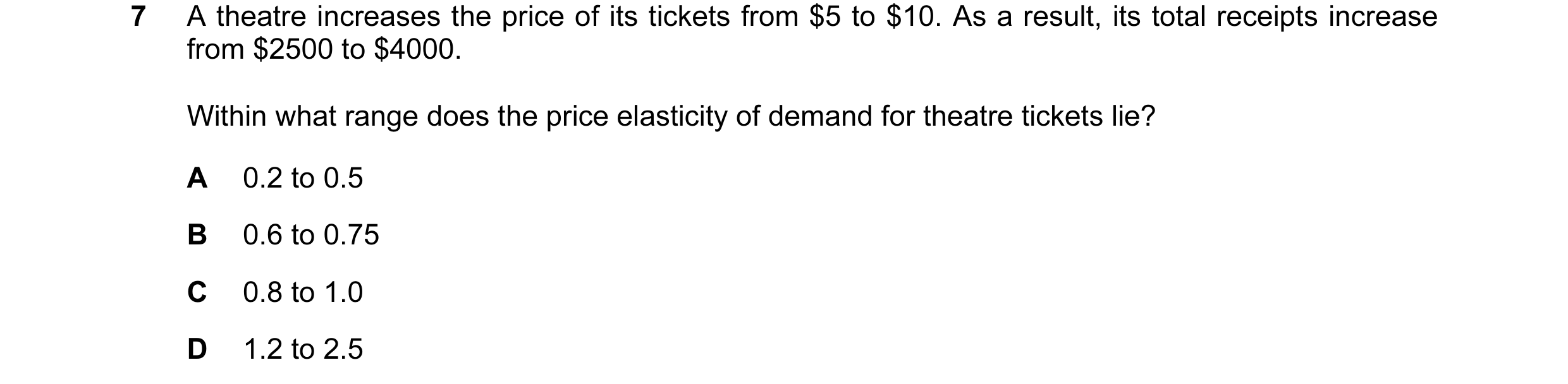 Question 127: A theatre increases the price of its tickets from $5 to $10. As a result, its total receipts increase from $2500 to $4000. Within what rang…
