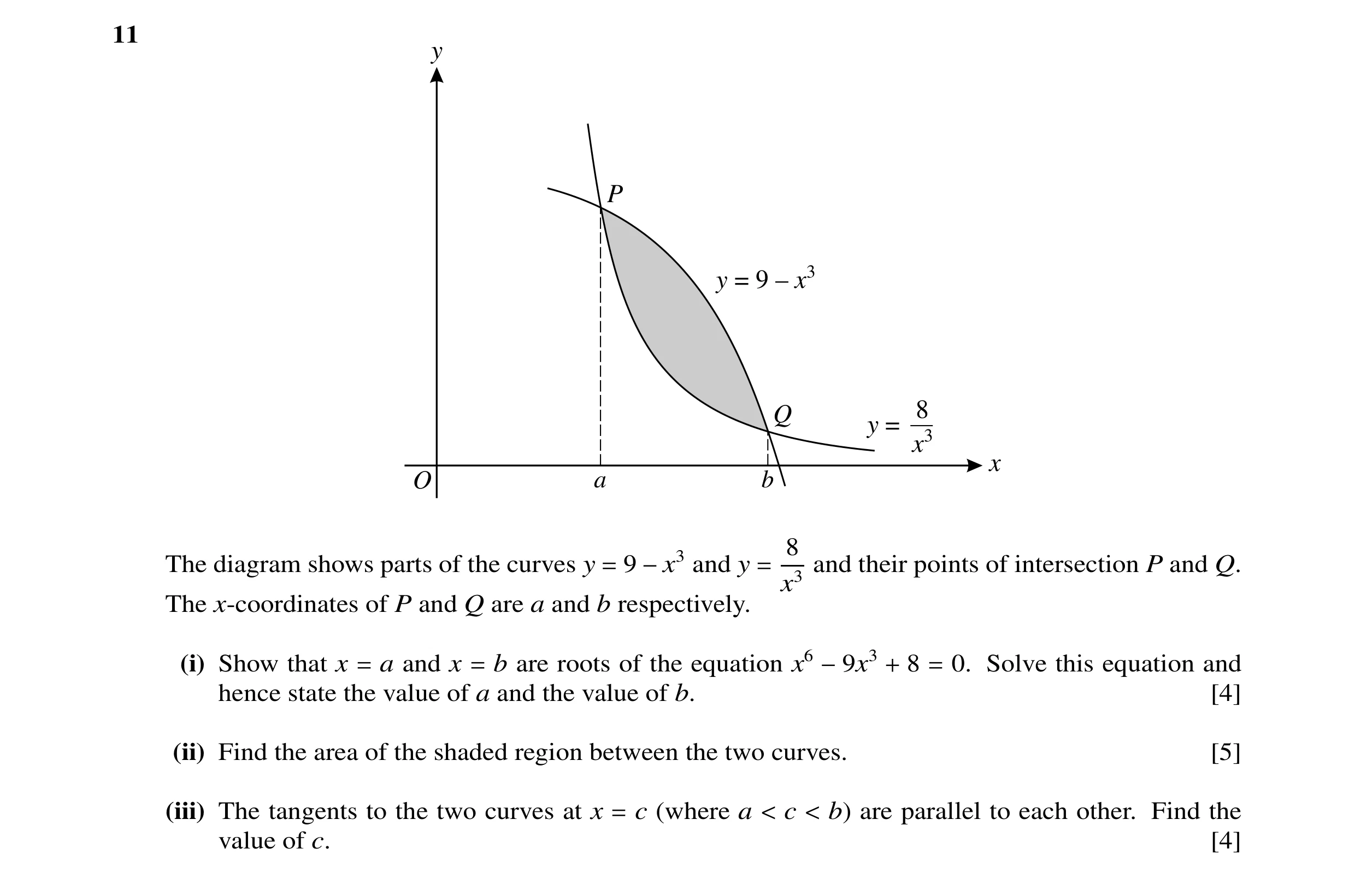 Question 10: y P y = 9 – x3 8 Q y = x3 x O a b 8 The diagram shows parts of the curves y = 9 −x3 and y = and their points of intersection P and Q. x3 Th…