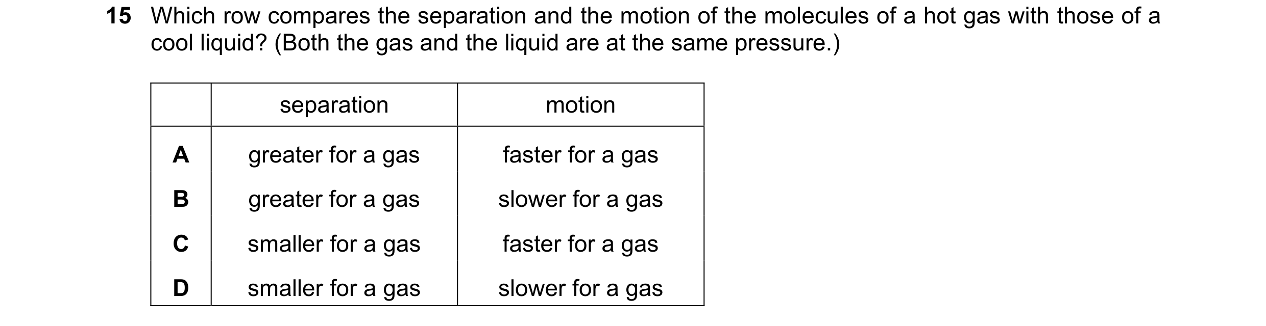 Question 64: Which row compares the separation and the motion of the molecules of a hot gas with those of a cool liquid? (Both the gas and the liquid ar…