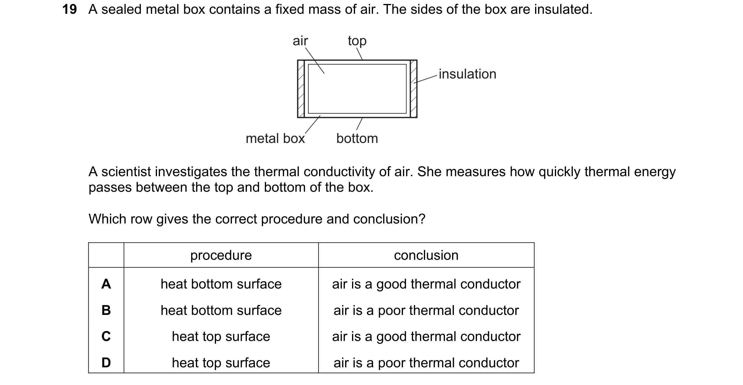 Question 45: A sealed metal box contains a fixed mass of air. The sides of the box are insulated. air top insulation metal box bottom A scientist invest…