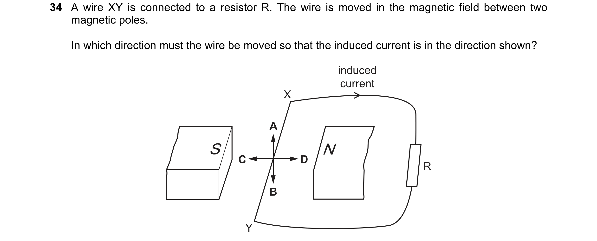 Question 71: A wire XY is connected to a resistor R. The wire is moved in the magnetic field between two magnetic poles. In which direction must the wir…