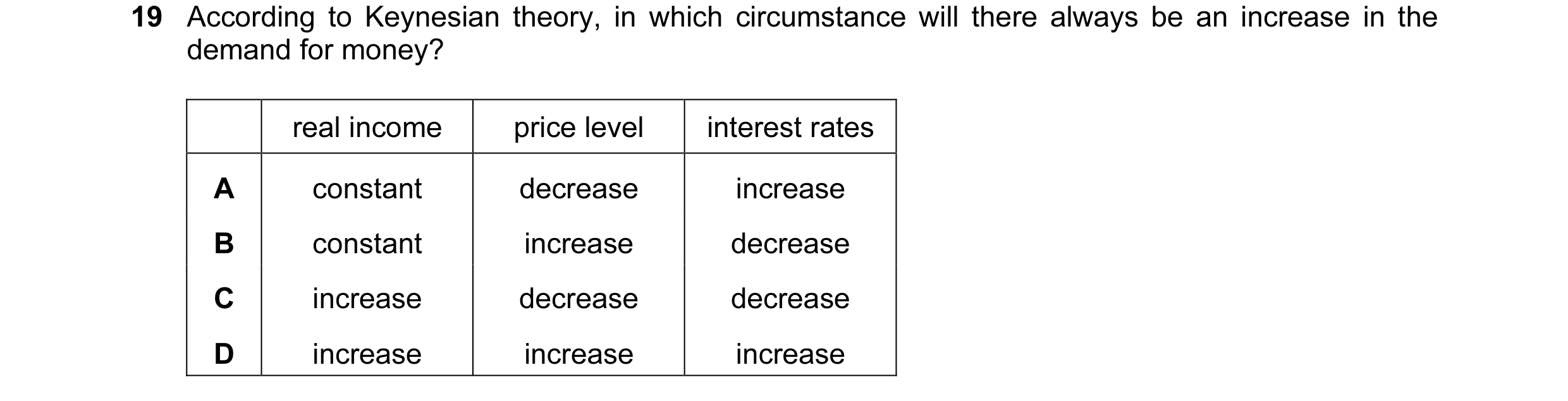 Question 44: According to Keynesian theory, in which circumstance will there always be an increase in the demand for money? real income price level inte…