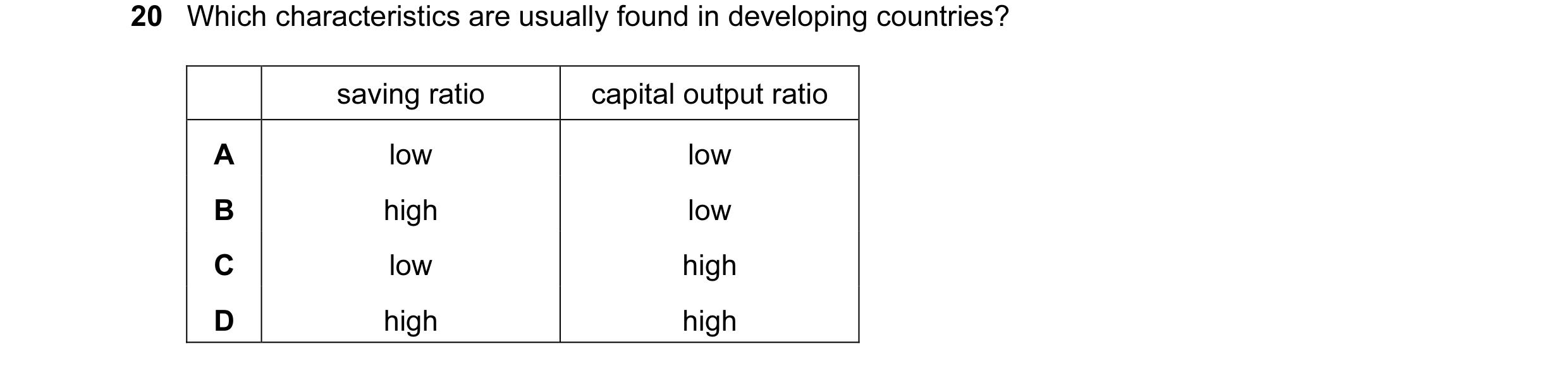 Question 7: Which characteristics are usually found in developing countries? saving ratio capital output ratio A low low B high low C low high D high h…