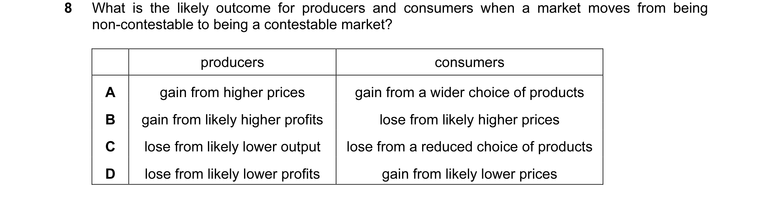 Question 38: What is the likely outcome for producers and consumers when a market moves from being non-contestable to being a contestable market? produc…