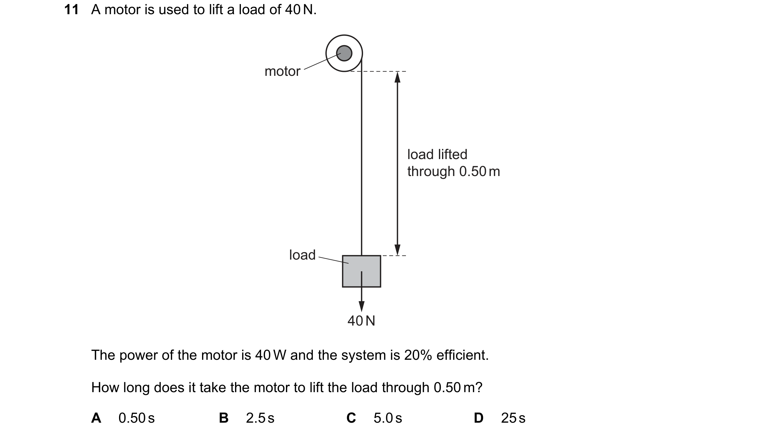 Question 37: A motor is used to lift a load of 40 N. motor load lifted through 0.50 m load 40 N The power of the motor is 40 W and the system is 20% eff…