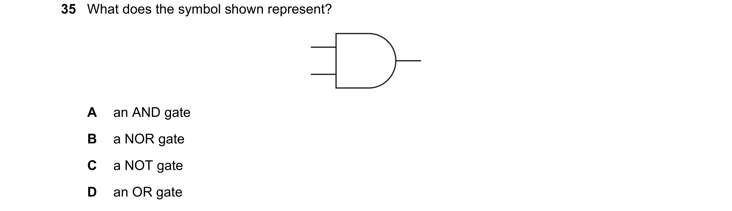 Question 59: What does the symbol shown represent? A an AND gate B a NOR gate C a NOT gate D an OR gate