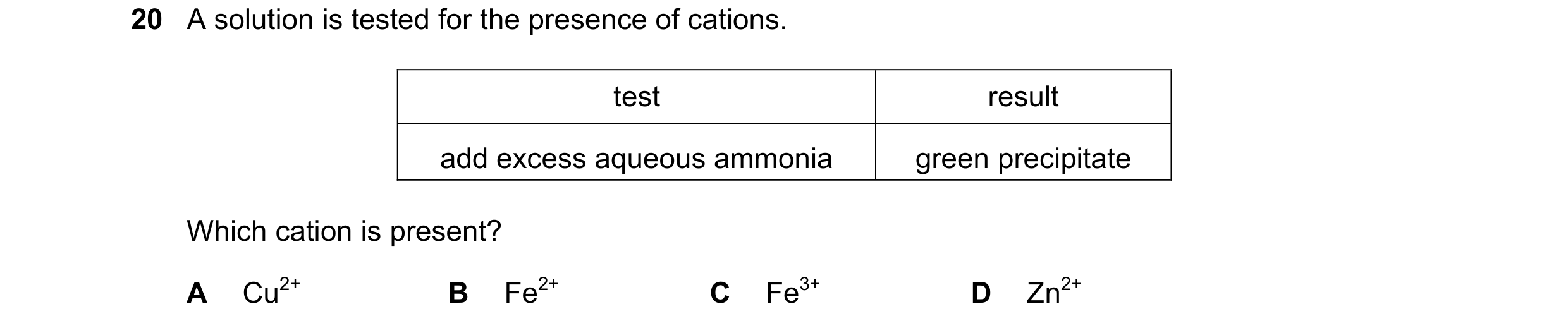 Question 6: A solution is tested for the presence of cations. test result add excess aqueous ammonia green precipitate Which cation is present? A Cu2+ …