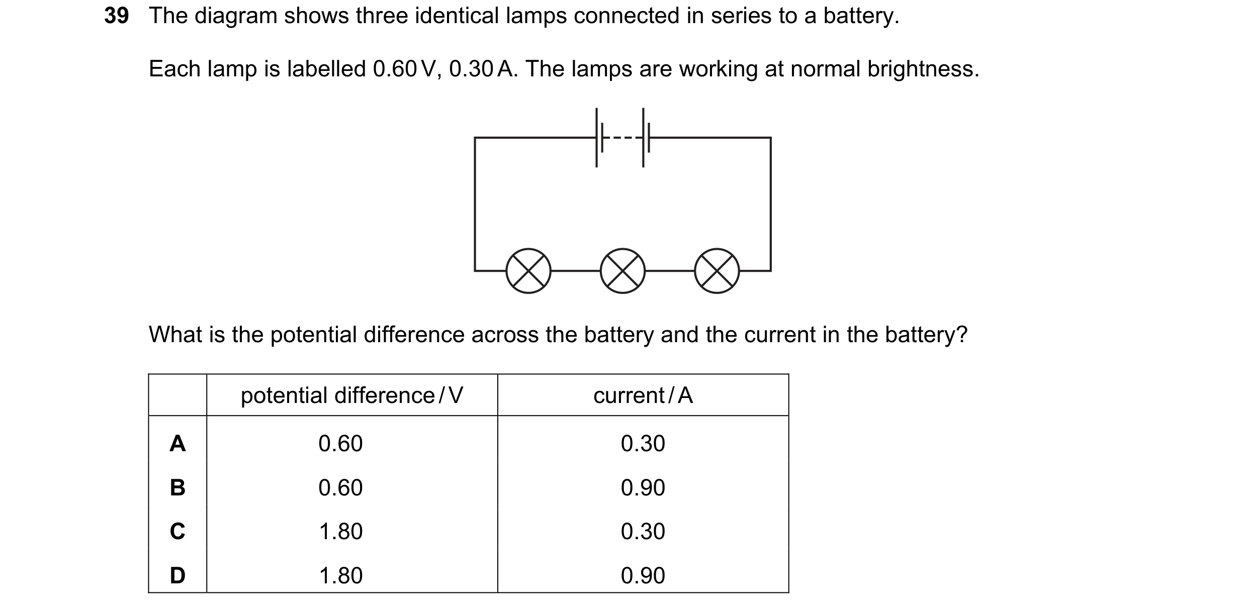 Question 22: The diagram shows three identical lamps connected in series to a battery. Each lamp is labelled 0.60 V, 0.30 A. The lamps are working at no…