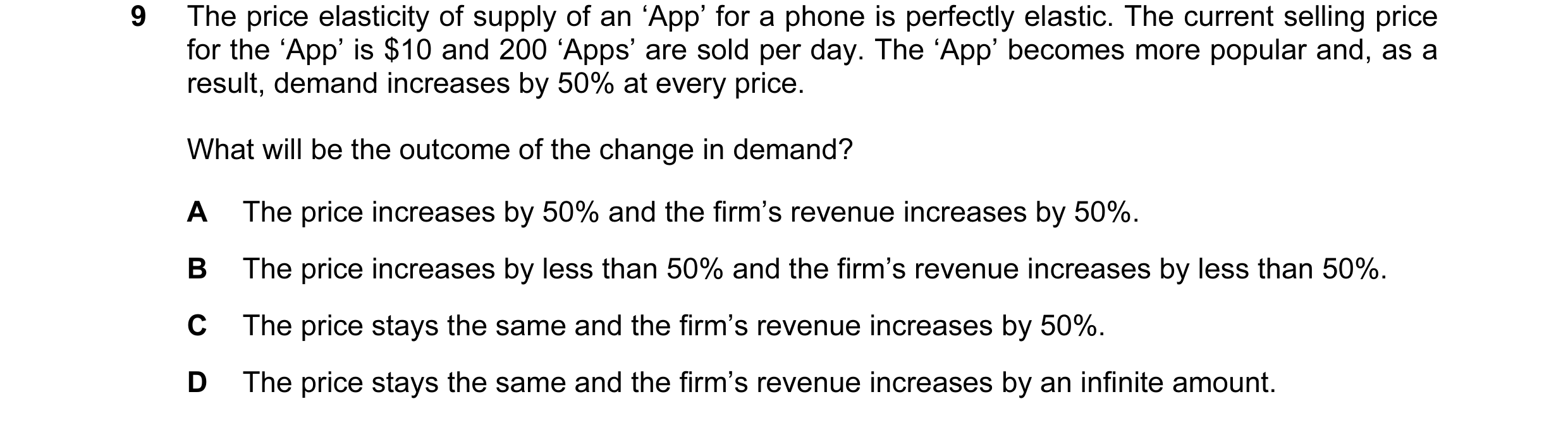 Question 46: The price elasticity of supply of an ‘App’ for a phone is perfectly elastic. The current selling price for the ‘App’ is $10 and 200 ‘Apps’ …