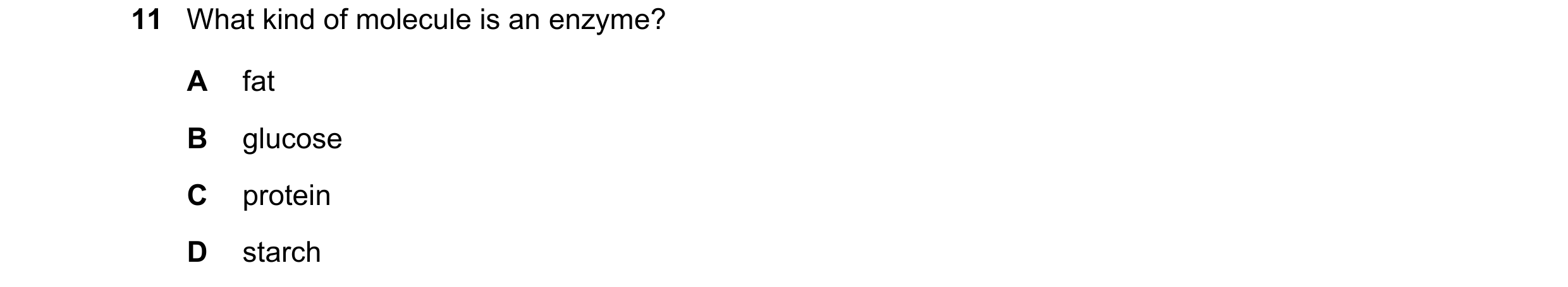 Question 12: What kind of molecule is an enzyme? A fat B glucose C protein D starch
