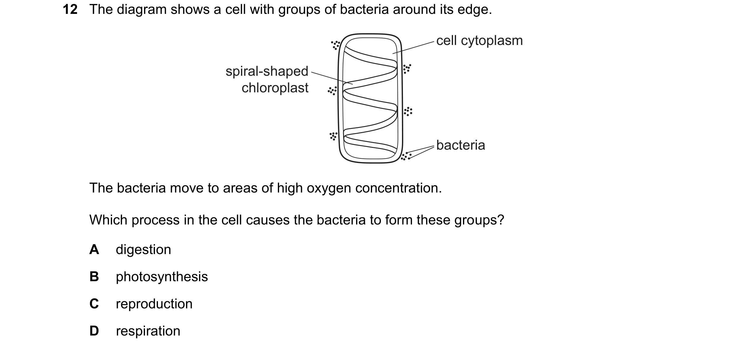 Question 9: The diagram shows a cell with groups of bacteria around its edge. cell cytoplasm spiral-shaped chloroplast bacteria The bacteria move to ar…