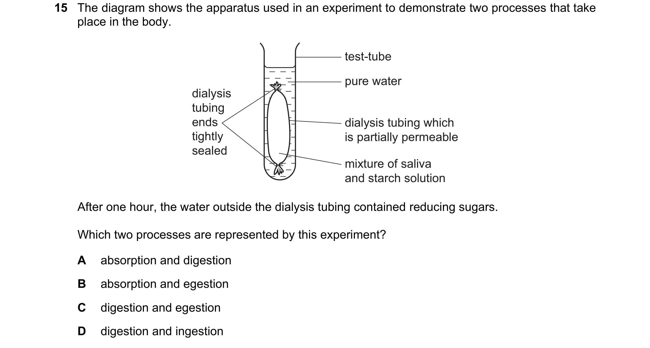 Question 2: The diagram shows the apparatus used in an experiment to demonstrate two processes that take place in the body. test-tube pure water dialys…