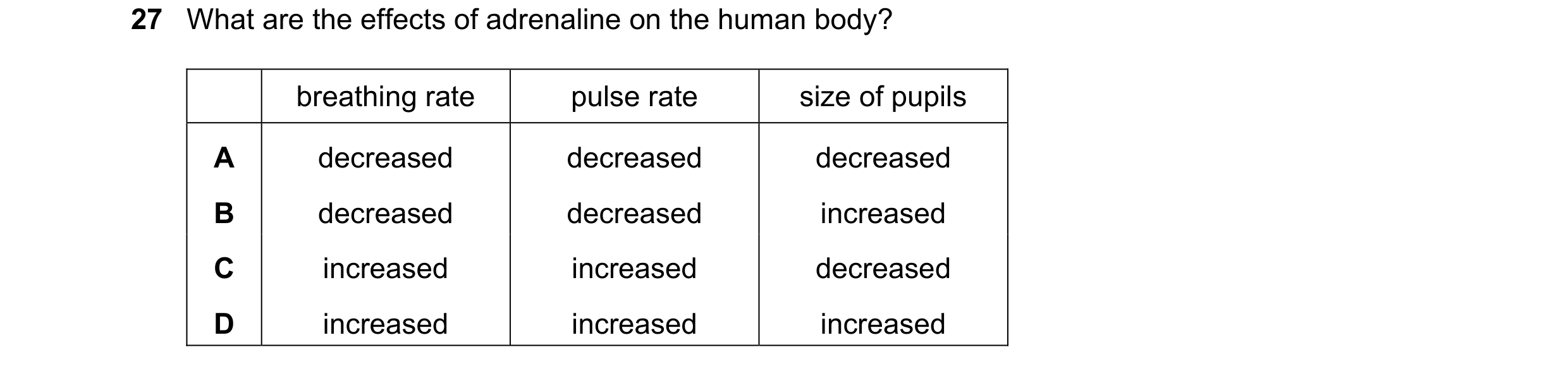 Question 14: What are the effects of adrenaline on the human body? breathing rate pulse rate size of pupils A decreased decreased decreased B decreased …