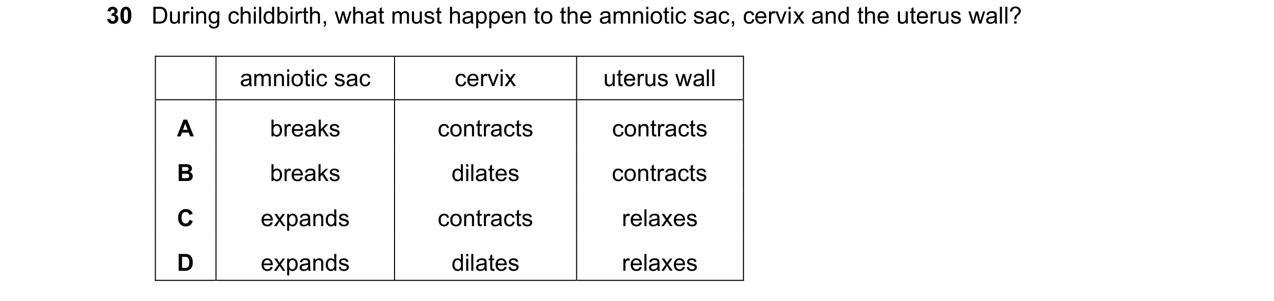 Question 12: During childbirth, what must happen to the amniotic sac, cervix and the uterus wall? amniotic sac cervix uterus wall A breaks contracts con…