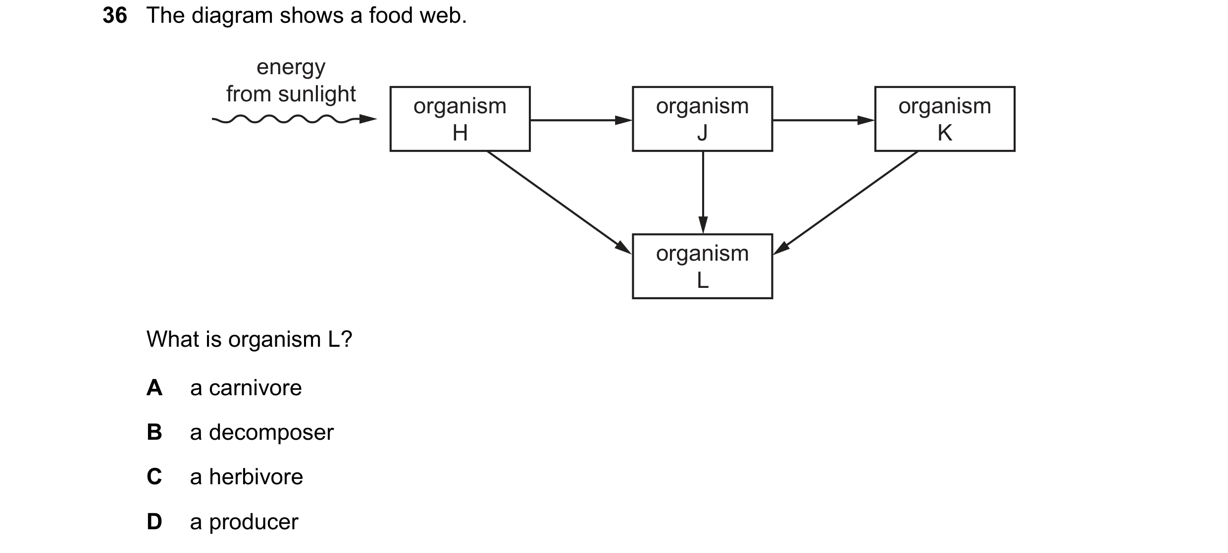 Question 11: The diagram shows a food web. energy from sunlight organism organism organism H J K organism L What is organism L? A a carnivore B a decomp…