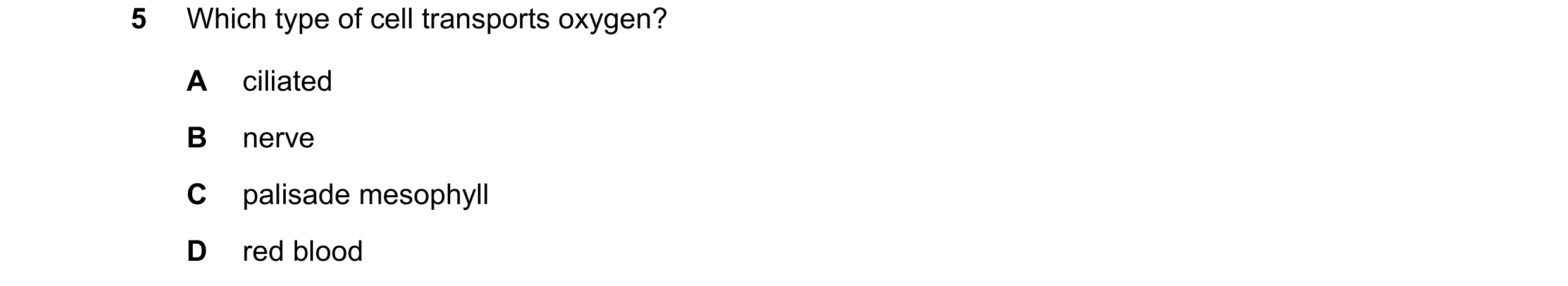 Question 11: Which type of cell transports oxygen? A ciliated B nerve C palisade mesophyll D red blood
