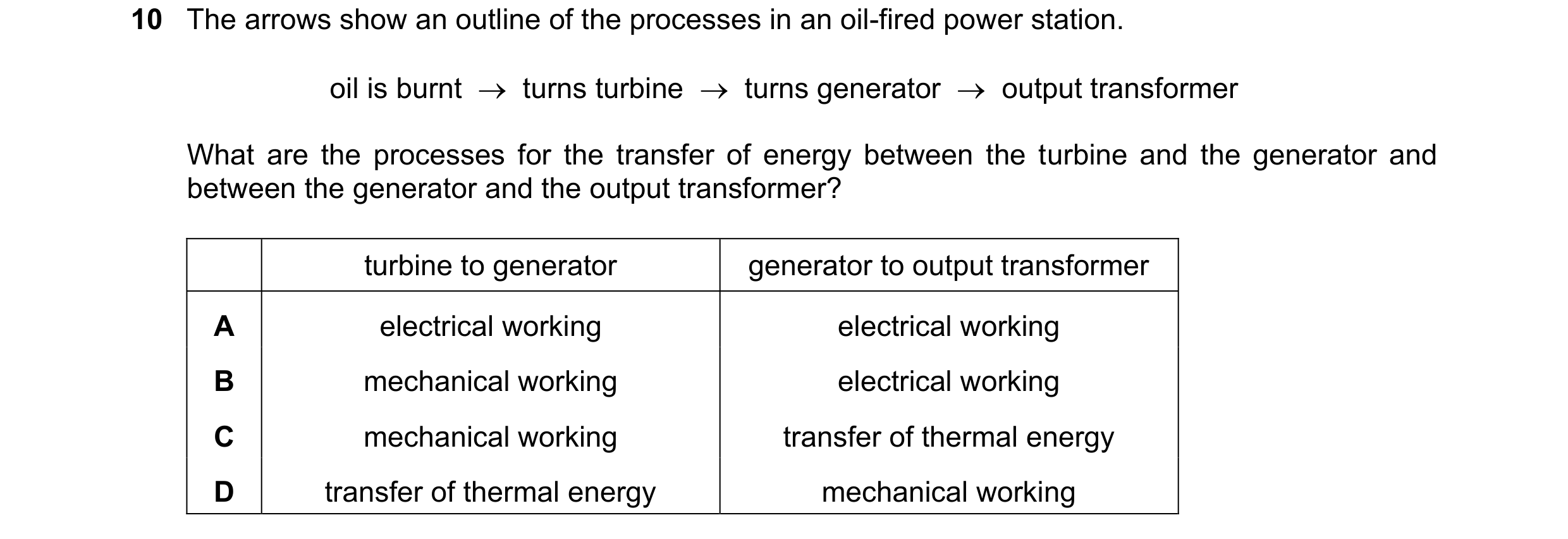Question 142: The arrows show an outline of the processes in an oil-fired power station. oil is burnt    turns turbine    turns generator    output tr…