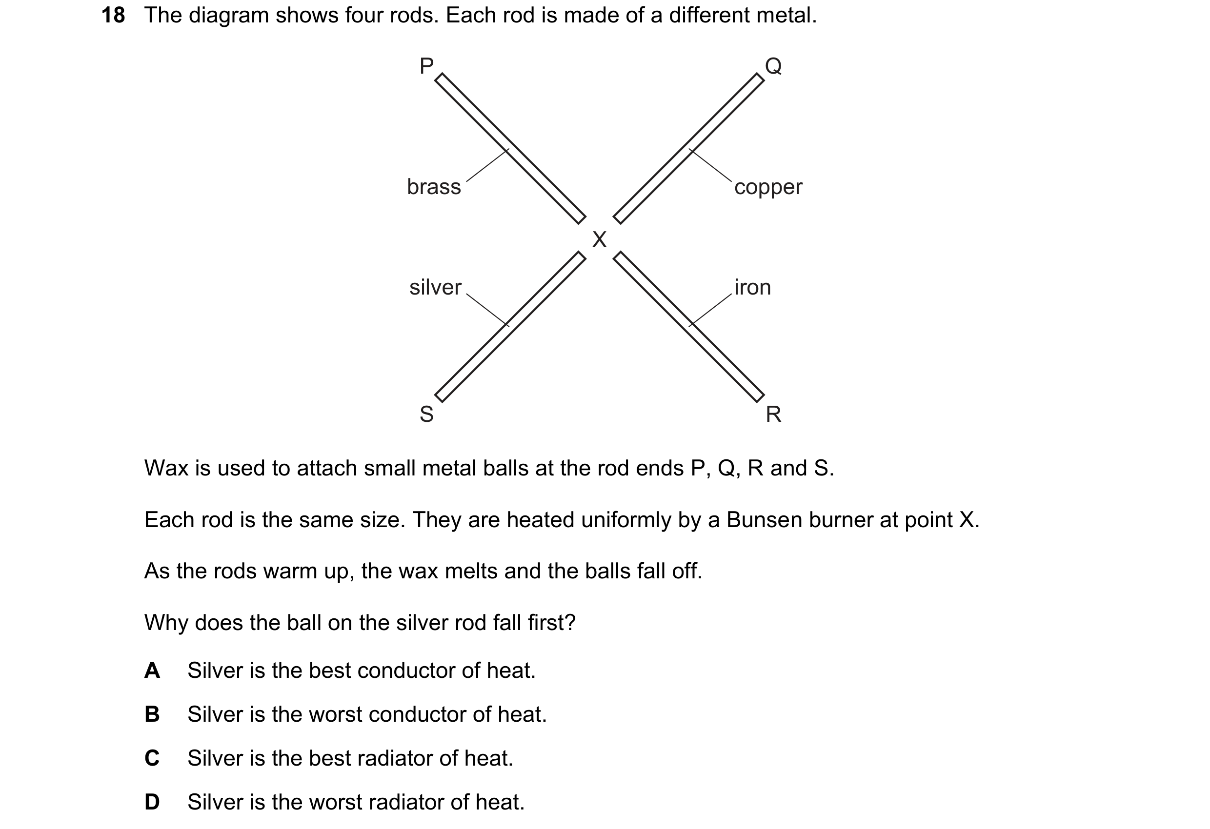 Question 143: The diagram shows four rods. Each rod is made of a different metal. P Q brass copper X silver iron S R Wax is used to attach small metal ba…
