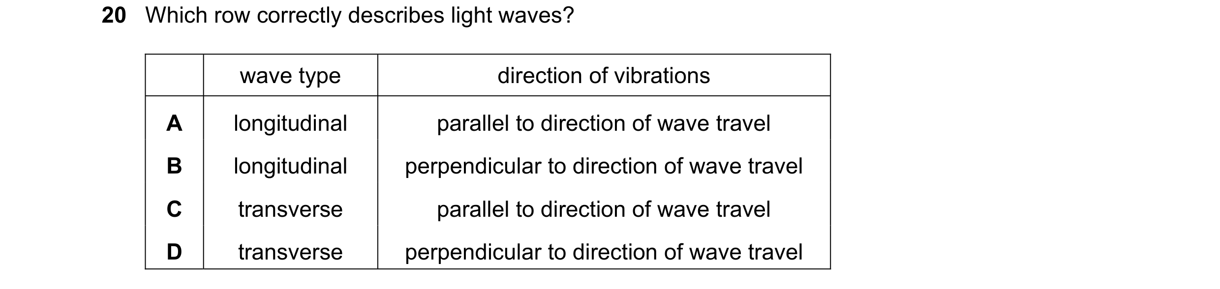 Question 187: Which row correctly describes light waves? wave type direction of vibrations A longitudinal parallel to direction of wave travel B longitud…