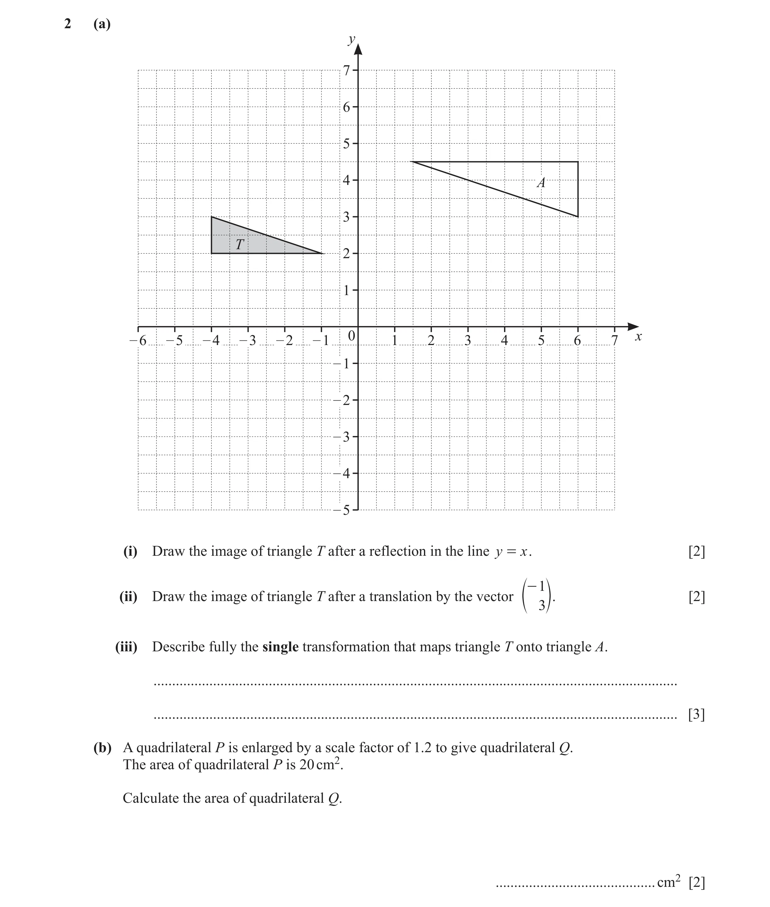 Question 29: (a) y 7 6 5 4 A 3 T 2 1 – 6 – 5 – 4 – 3 – 2 – 1 0 1 2 3 4 5 6 7 x – 1 – 2 – 3 – 4 – 5 (i) Draw the image of triangle T after a reflection i…