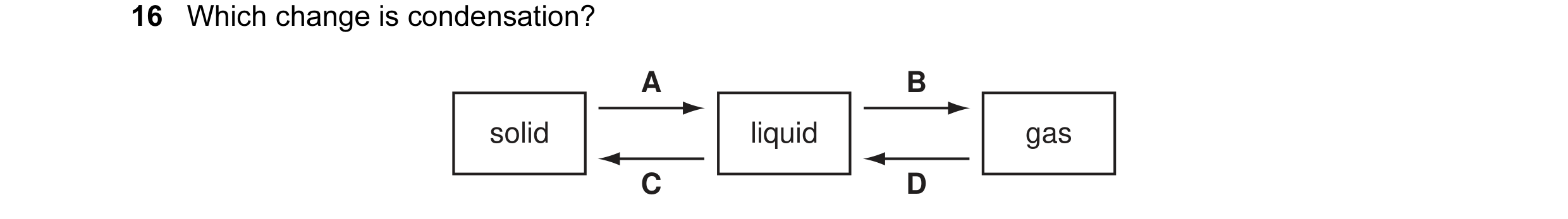 Question 41: Which change is condensation? A B solid liquid gas C D