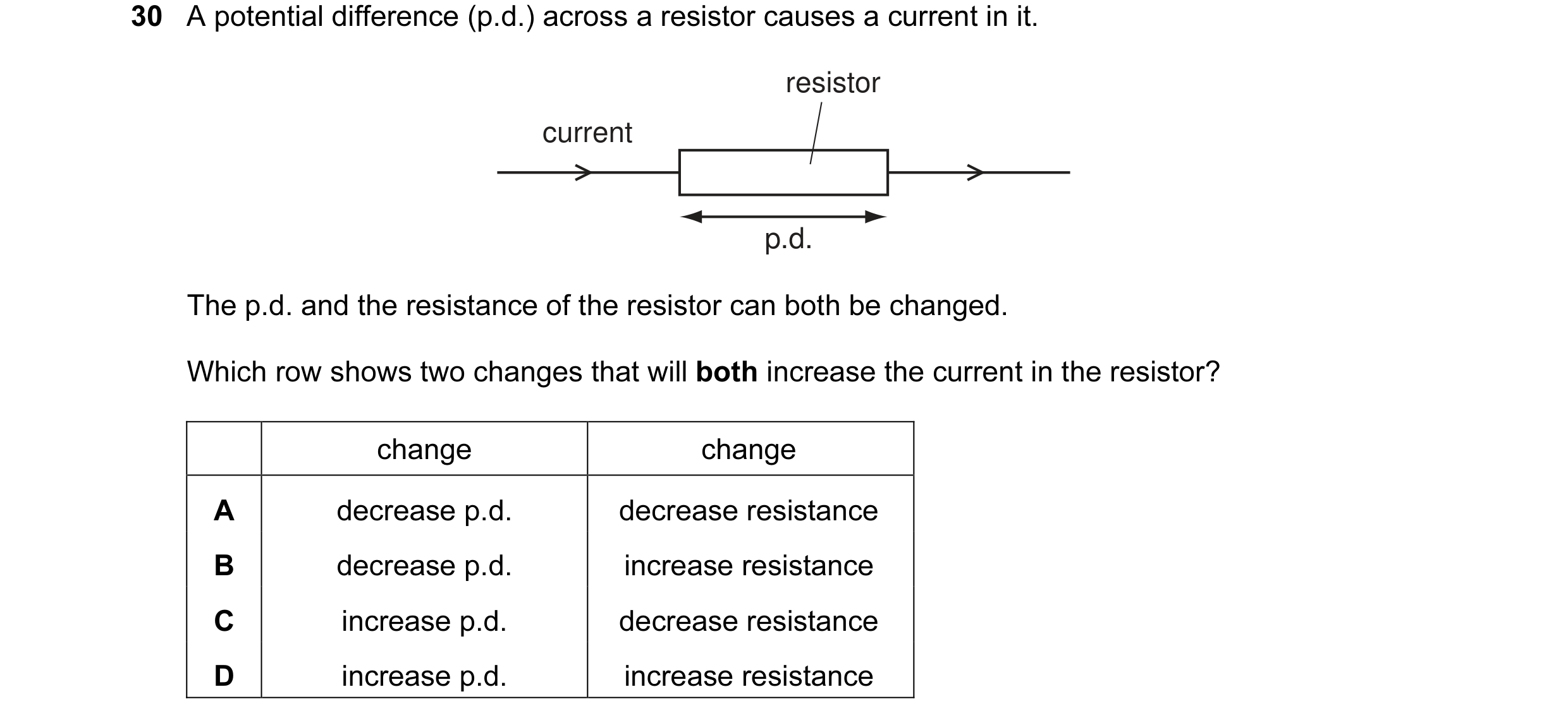 Question 60: A potential difference (p.d.) across a resistor causes a current in it. resistor current p.d. The p.d. and the resistance of the resistor c…