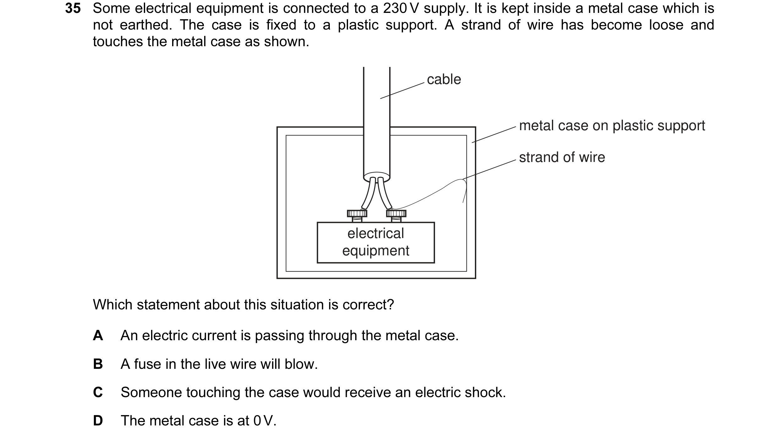 Question 30: Some electrical equipment is connected to a 230 V supply. It is kept inside a metal case which is not earthed. The case is fixed to a plast…
