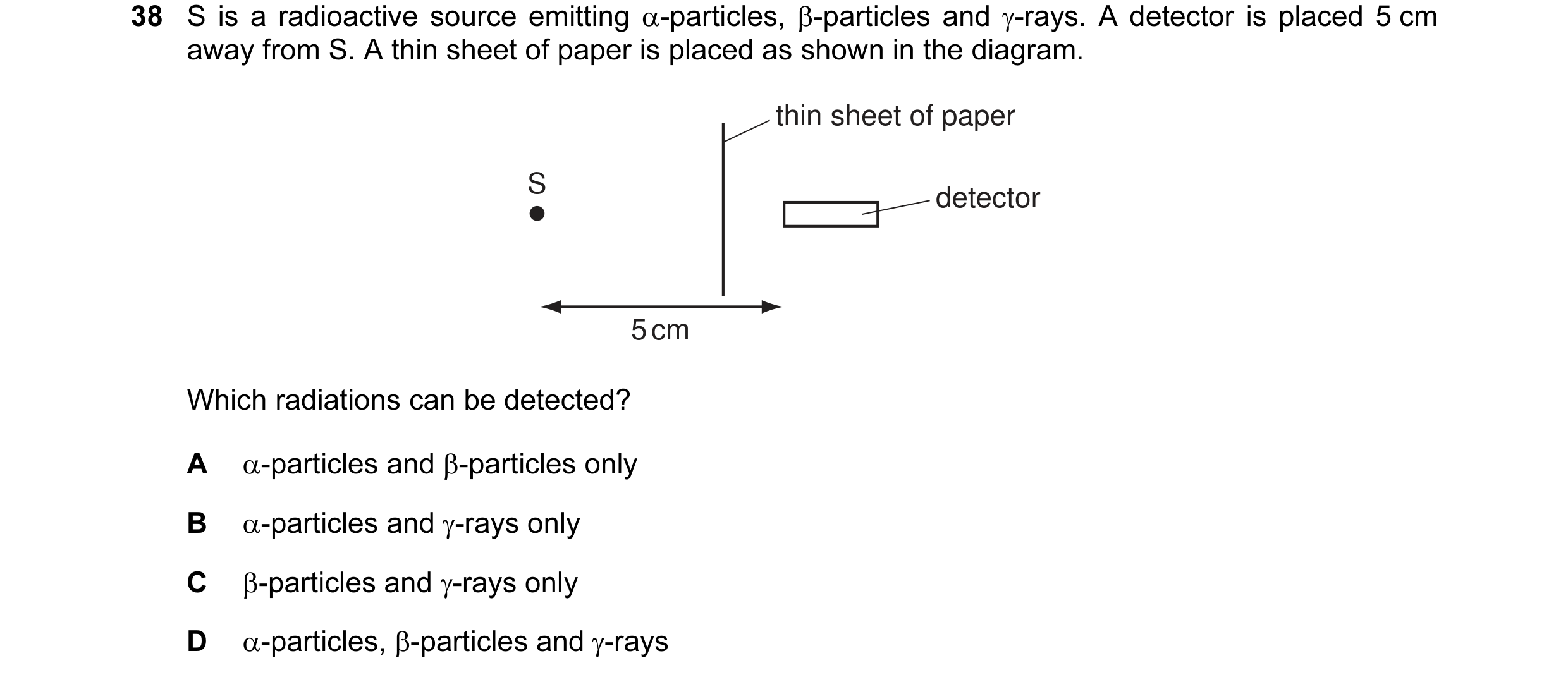 Question 32: S is a radioactive source emitting α-particles, β-particles and γ-rays. A detector is placed 5 cm away from S. A thin sheet of paper is pla…