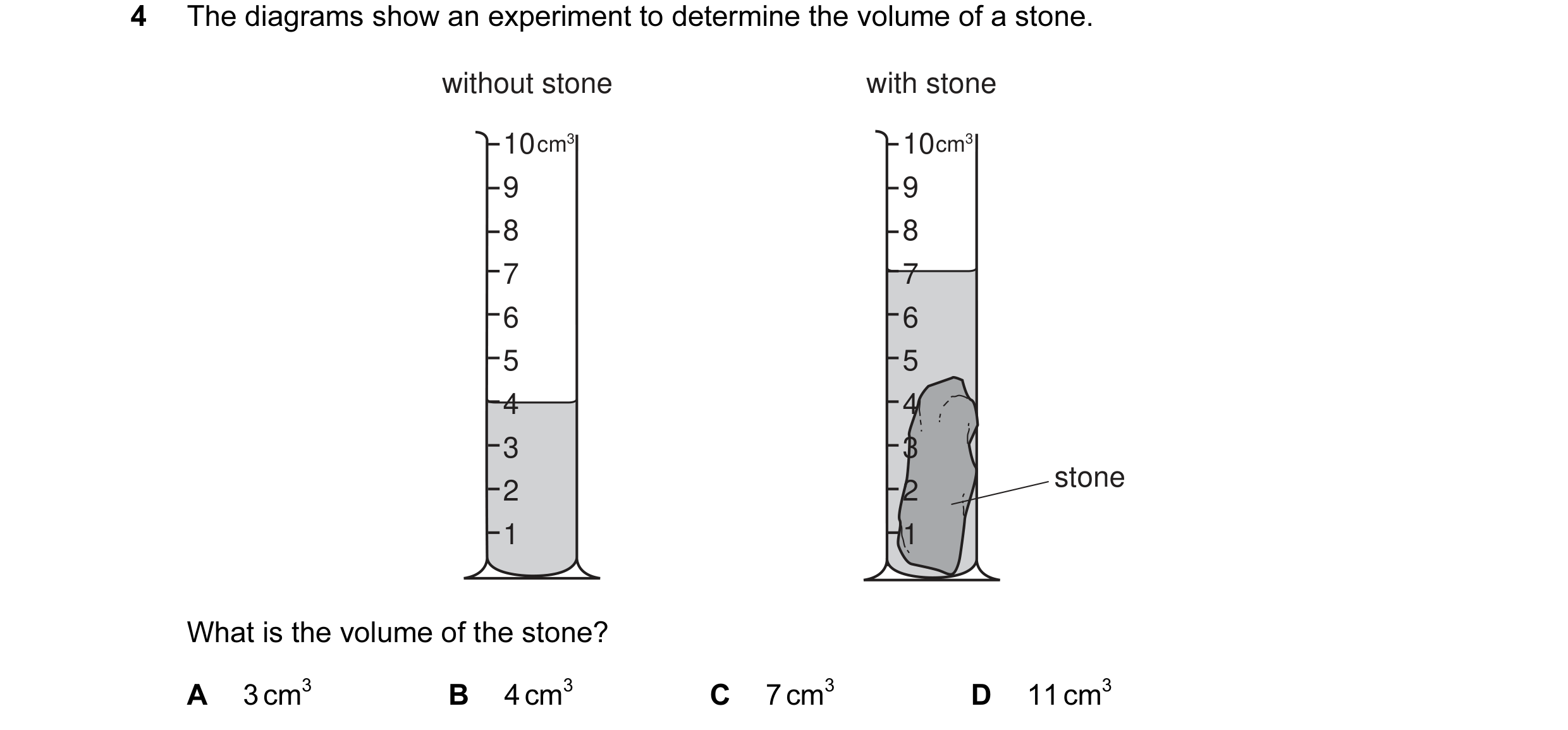Question 37: The diagrams show an experiment to determine the volume of a stone. without stone with stone 10 cm3 10 cm3 9 9 8 8 7 7 6 6 5 5 4 4 3 3 ston…