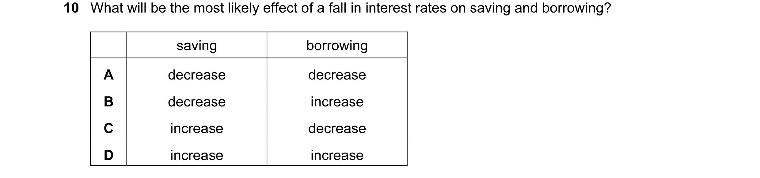 Question 33: What will be the most likely effect of a fall in interest rates on saving and borrowing? saving borrowing A decrease decrease B decrease in…