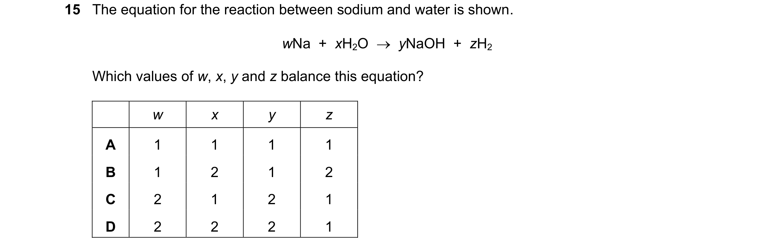 Question 55: The equation for the reaction between sodium and water is shown. wNa  +  xH2O    yNaOH  +  zH2 Which values of w, x, y and z balance this …