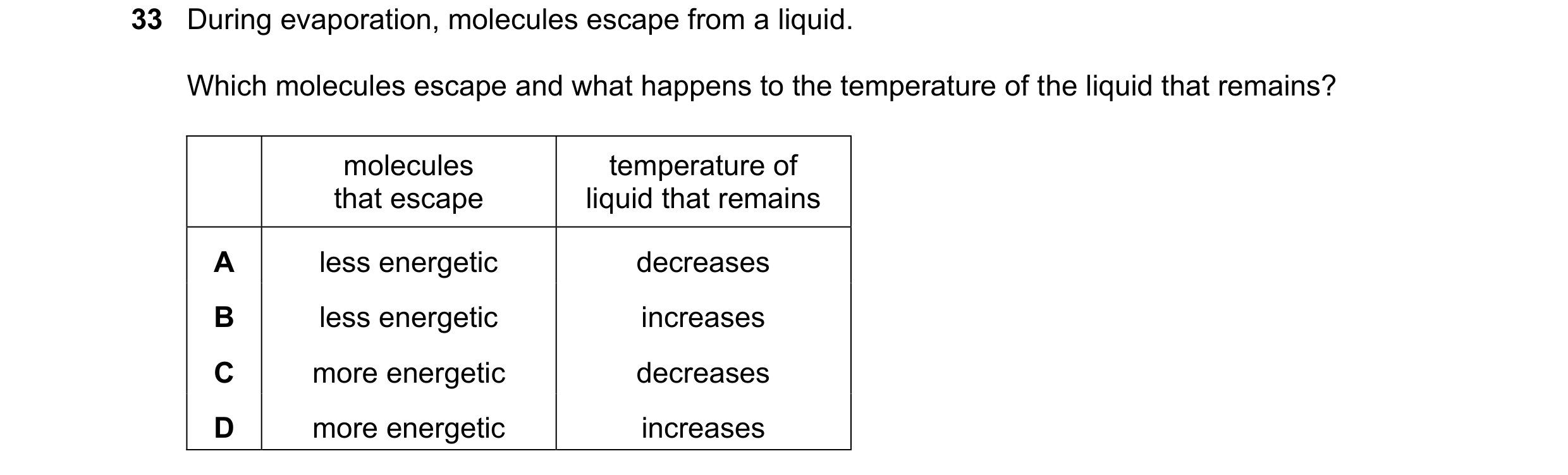 Question 76: During evaporation, molecules escape from a liquid. Which molecules escape and what happens to the temperature of the liquid that remains? …