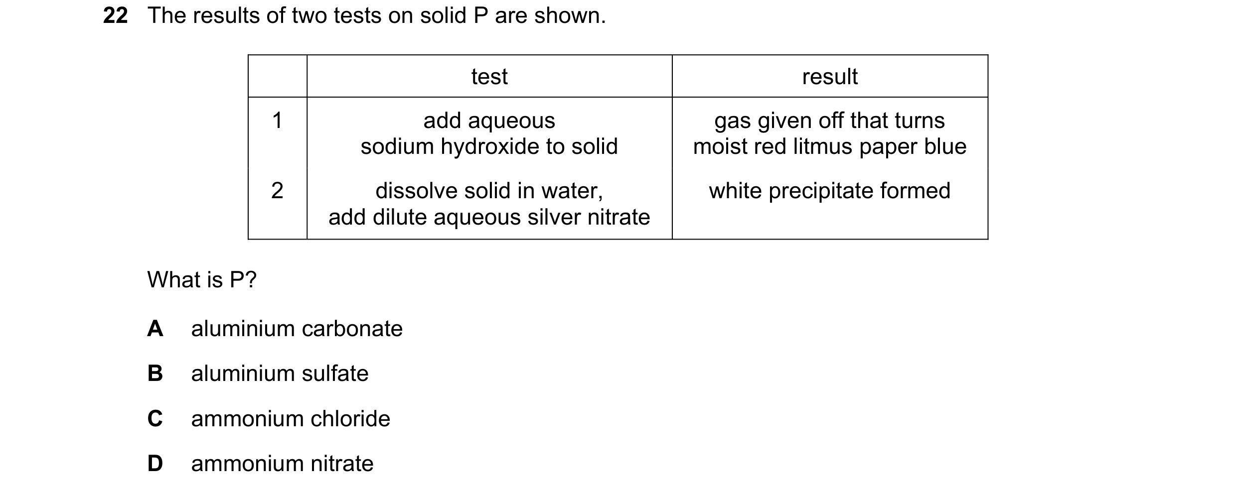 Question 36: The results of two tests on solid P are shown. test result 1 add aqueous gas given off that turns sodium hydroxide to solid moist red litmu…