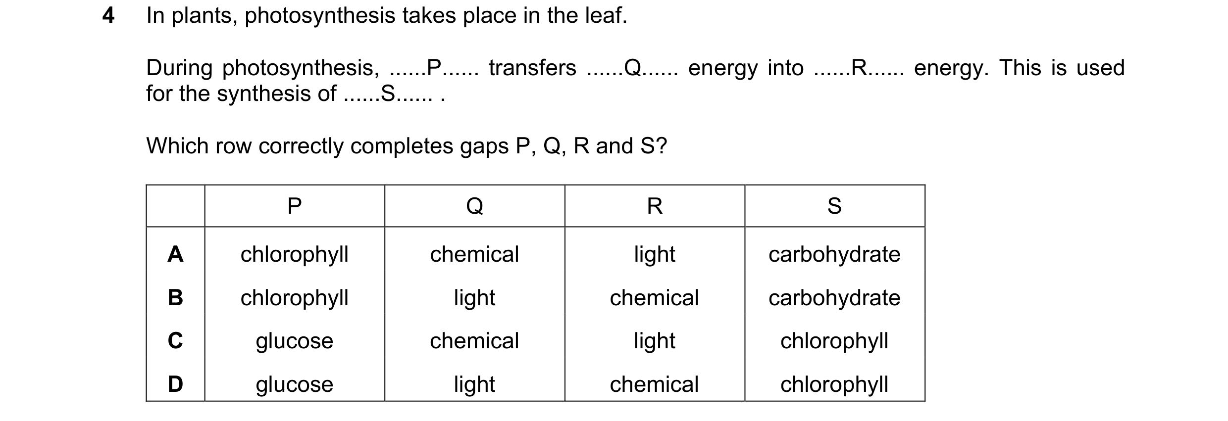 Question 41: In plants, photosynthesis takes place in the leaf. During photosynthesis, ......P...... transfers ......Q...... energy into ......R...... e…